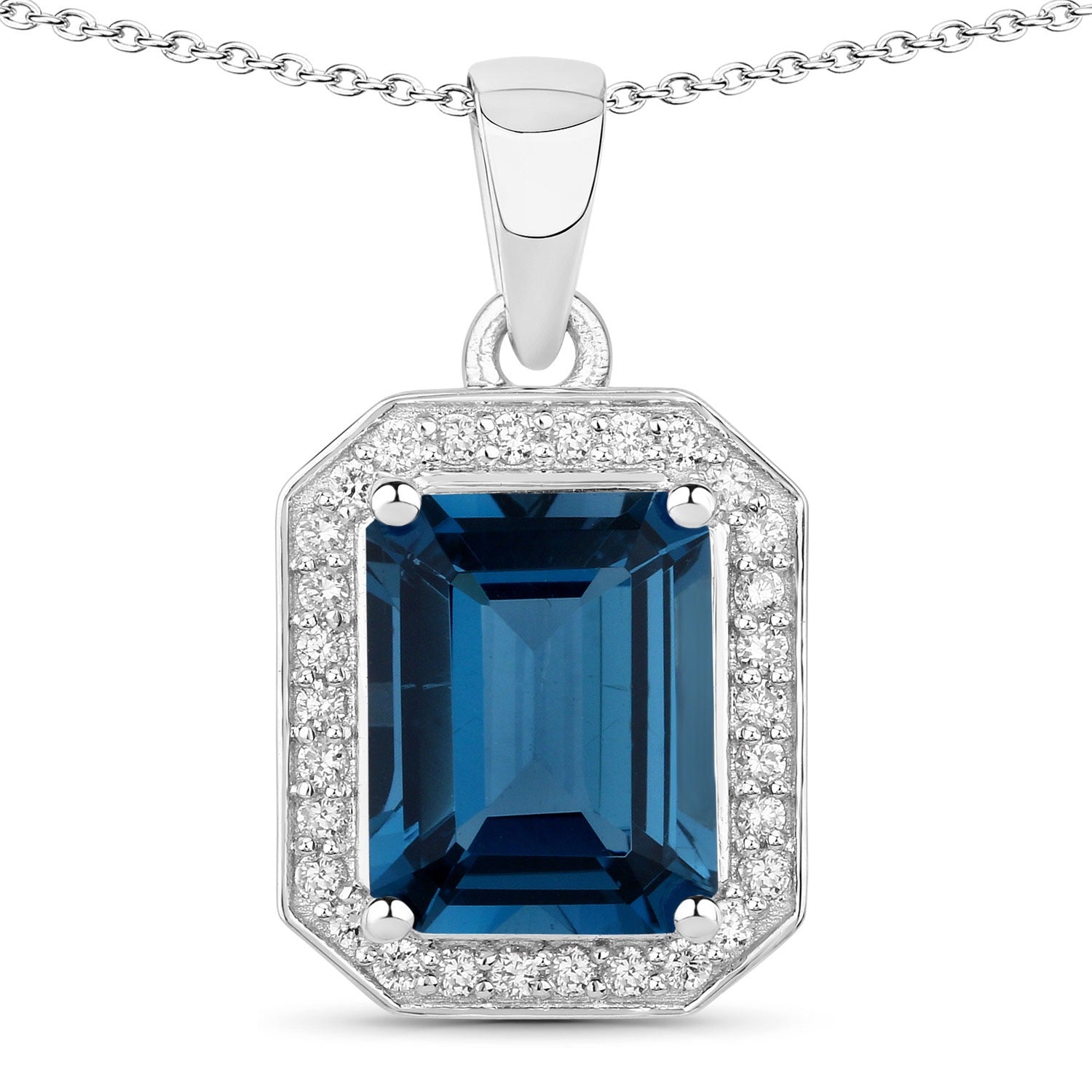 2.78 Ct Genuine London Blue Topaz and Lab Diamond Silver Halo Necklace