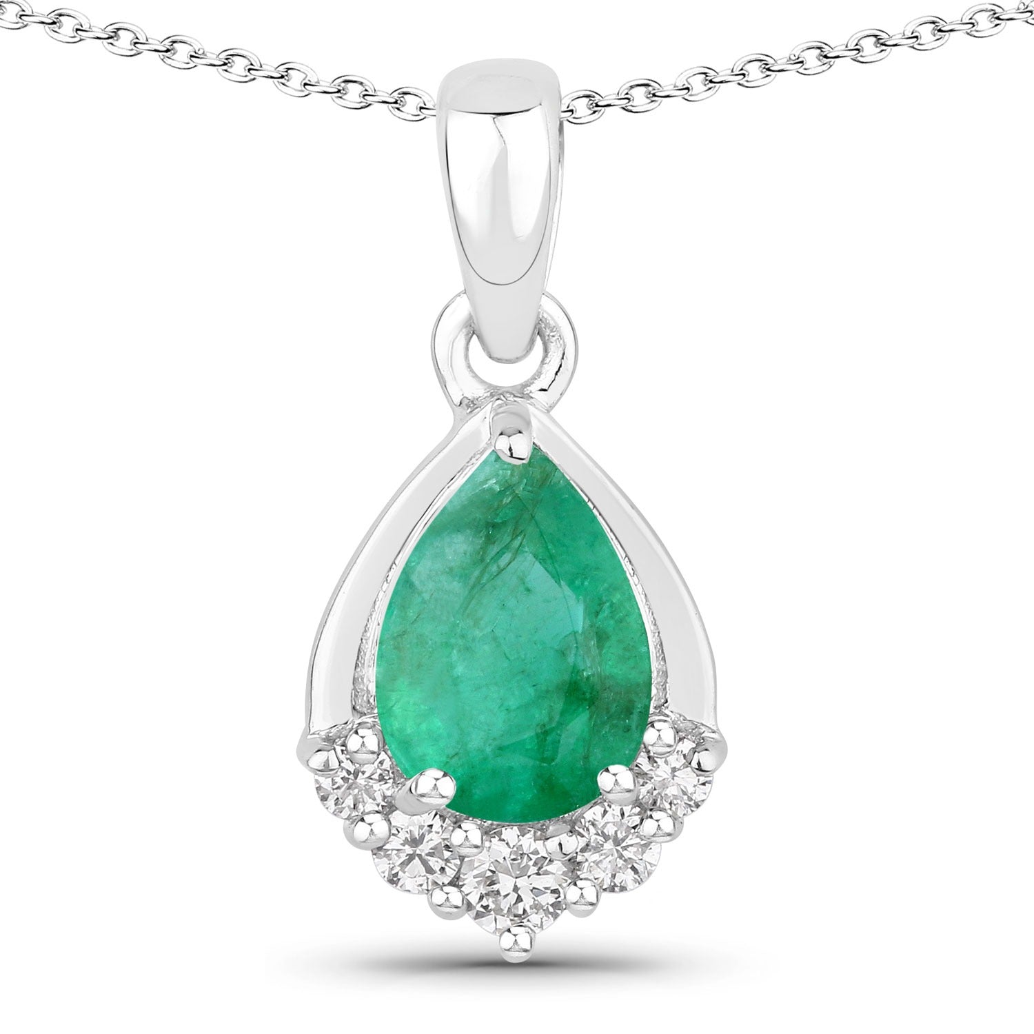 0.82 Ct Genuine Pear Shaped Zambian Emerald and Lab Diamond Silver Necklace