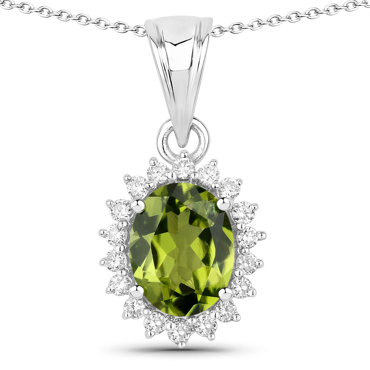 1.97 Carat Genuine Green Peridot and Lab Diamond Silver Halo Necklace