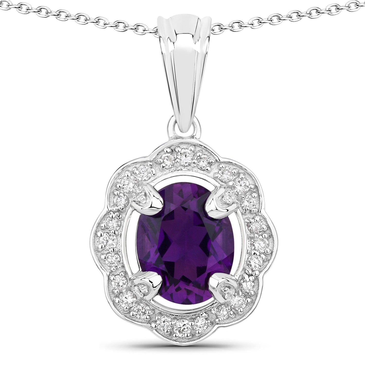 2.52 Ct Genuine Amethyst and Lab Diamond Silver Halo Necklace