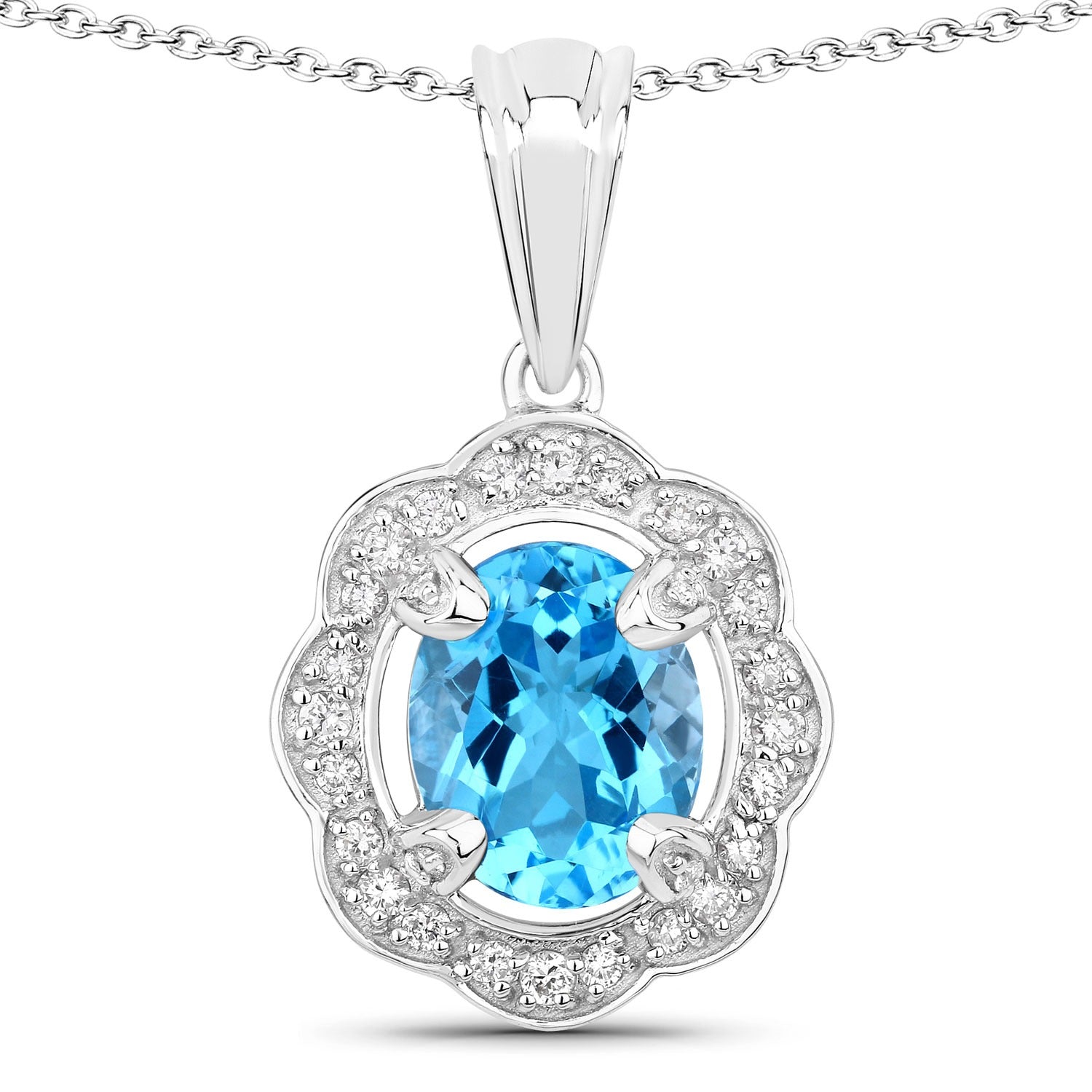 2.87 Ct Genuine Swiss Blue Topaz and Lab Grown Diamond Silver Halo Necklace