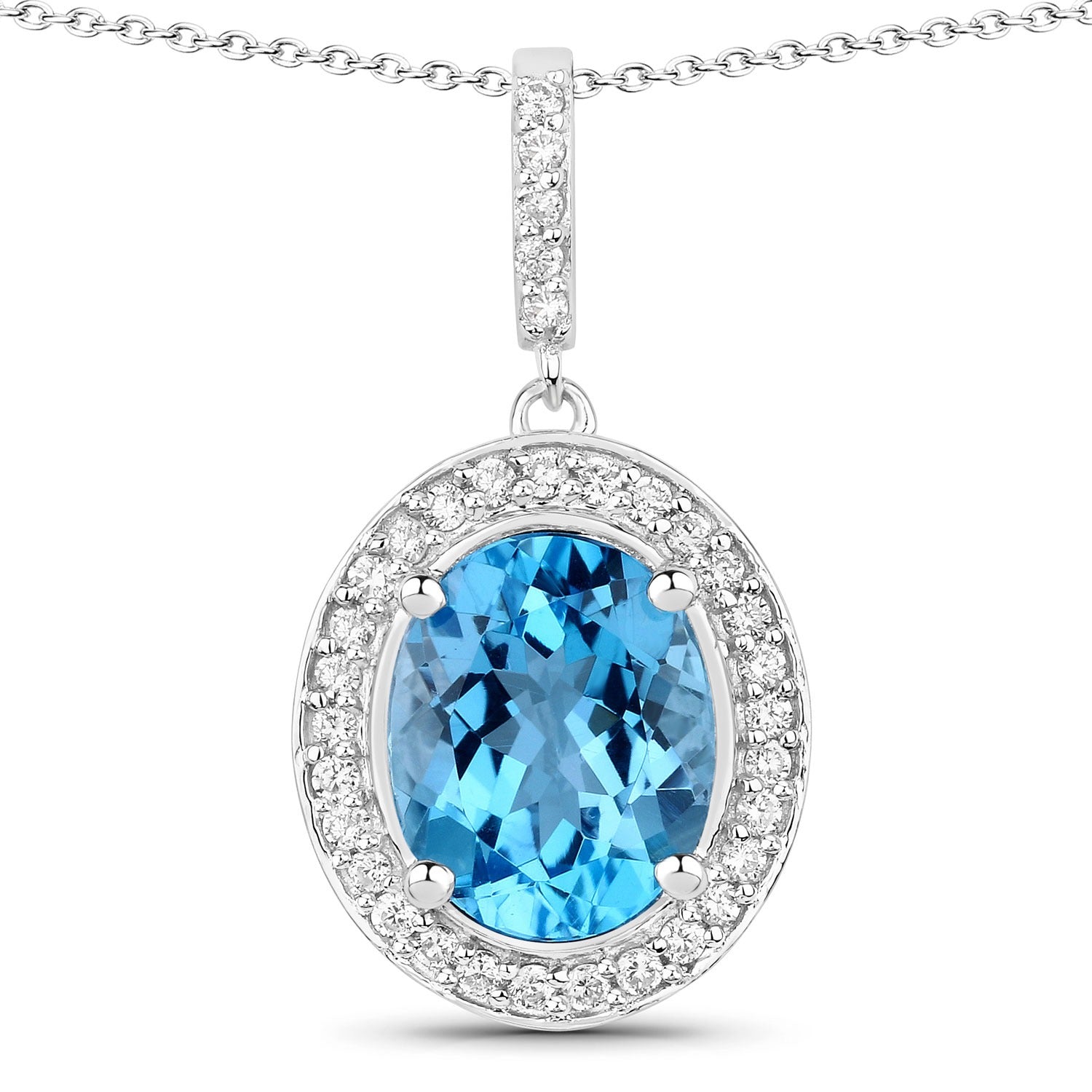 2.81 Ct Genuine Swiss Blue Topaz and Lab Diamond Silver Halo Necklace