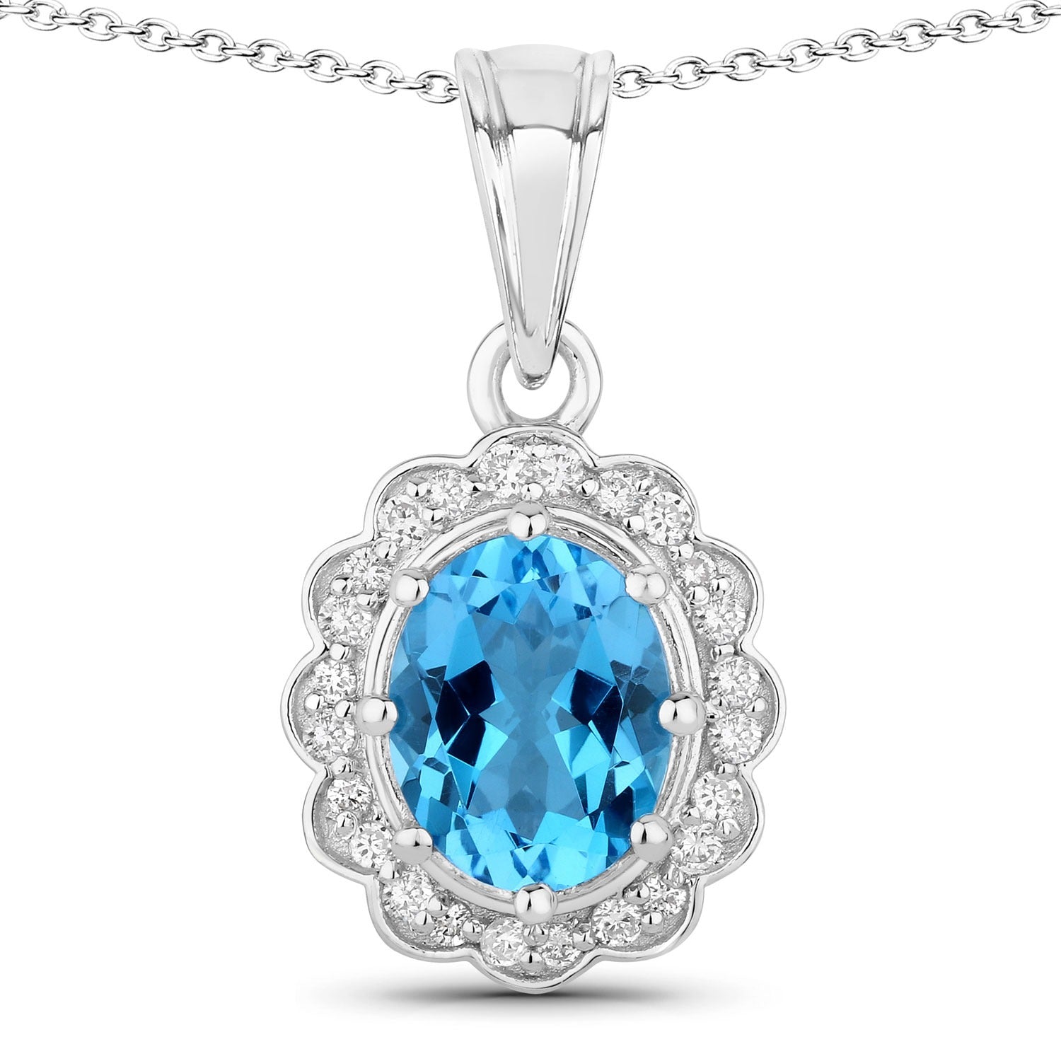 2.79 Ct Genuine Oval Swiss Blue Topaz and Lab Diamond Silver Halo Necklace