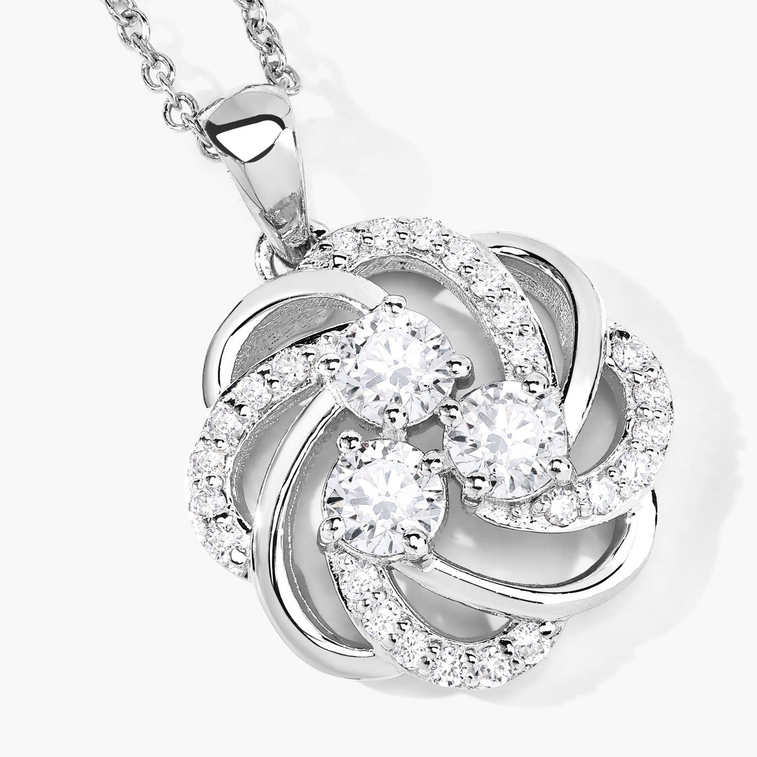 1 Cttw Round Lab Diamond Rhodium Plated Silver Three Stone Swirl Flower Pendant Necklace