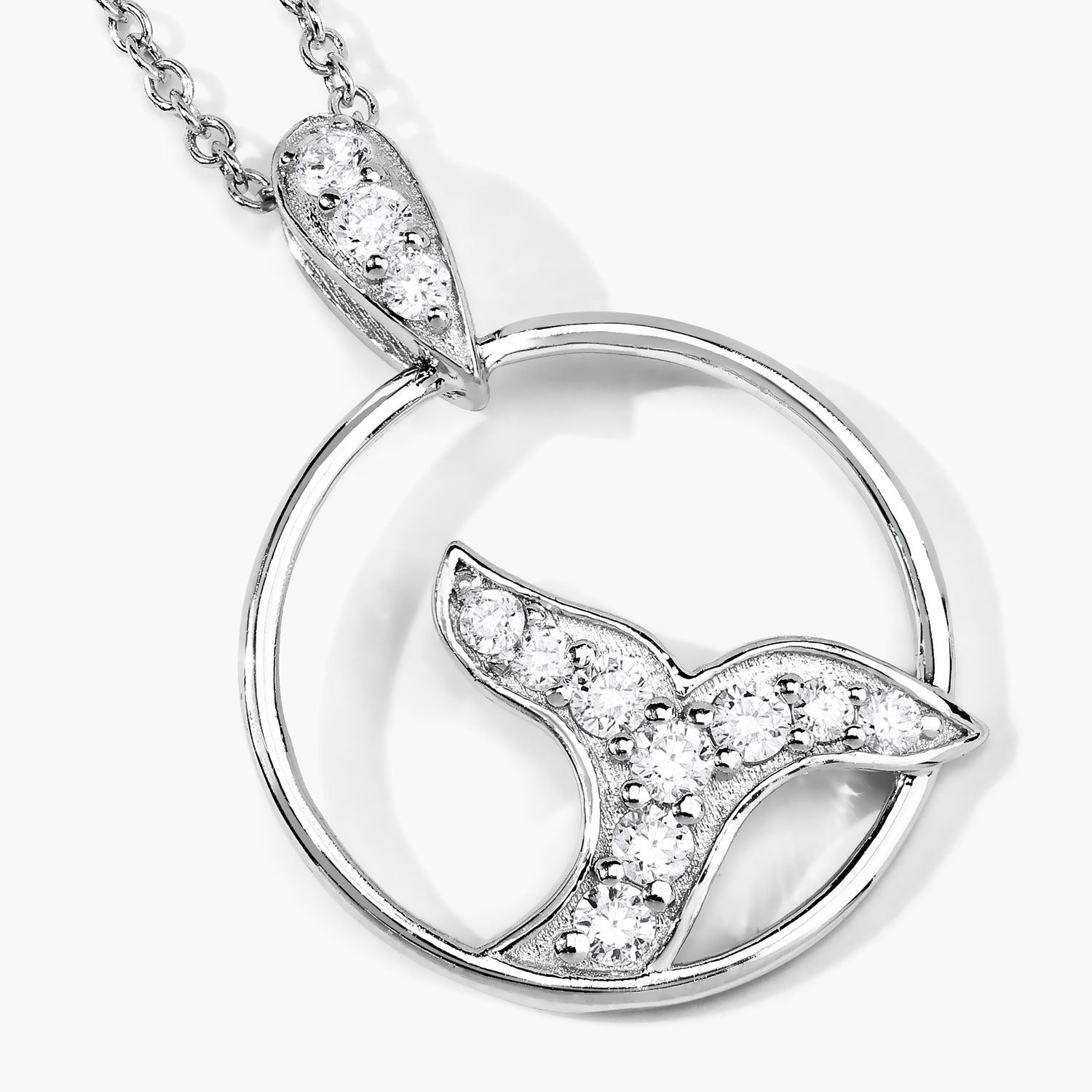 0.34 Cttw Round Lab Diamond Rhodium Plated Silver Whale Tail Circle Pendant Necklace