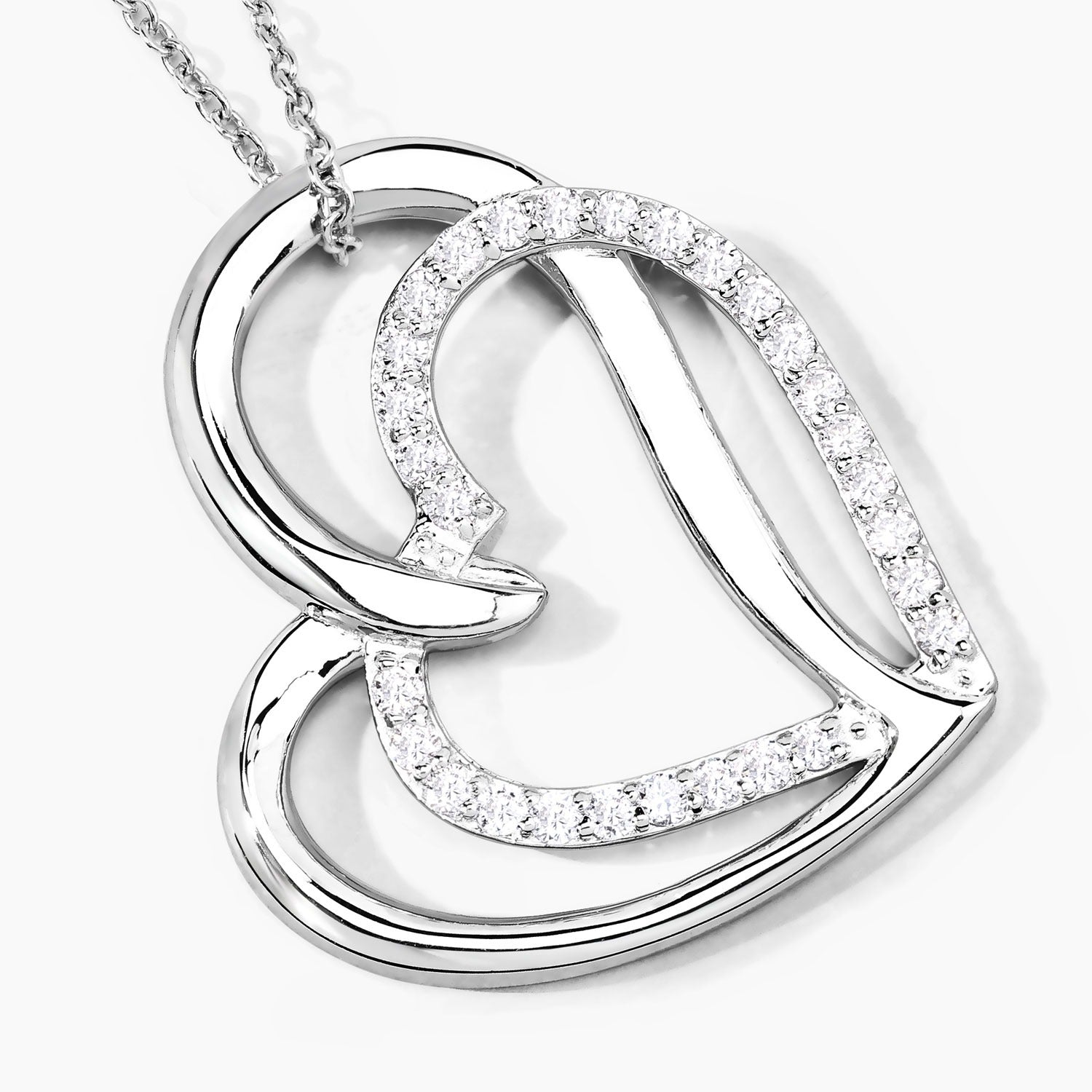 0.52 Cttw Round Lab Diamond Rhodium Plated Silver Intertwined Double Heart Pendant Necklace