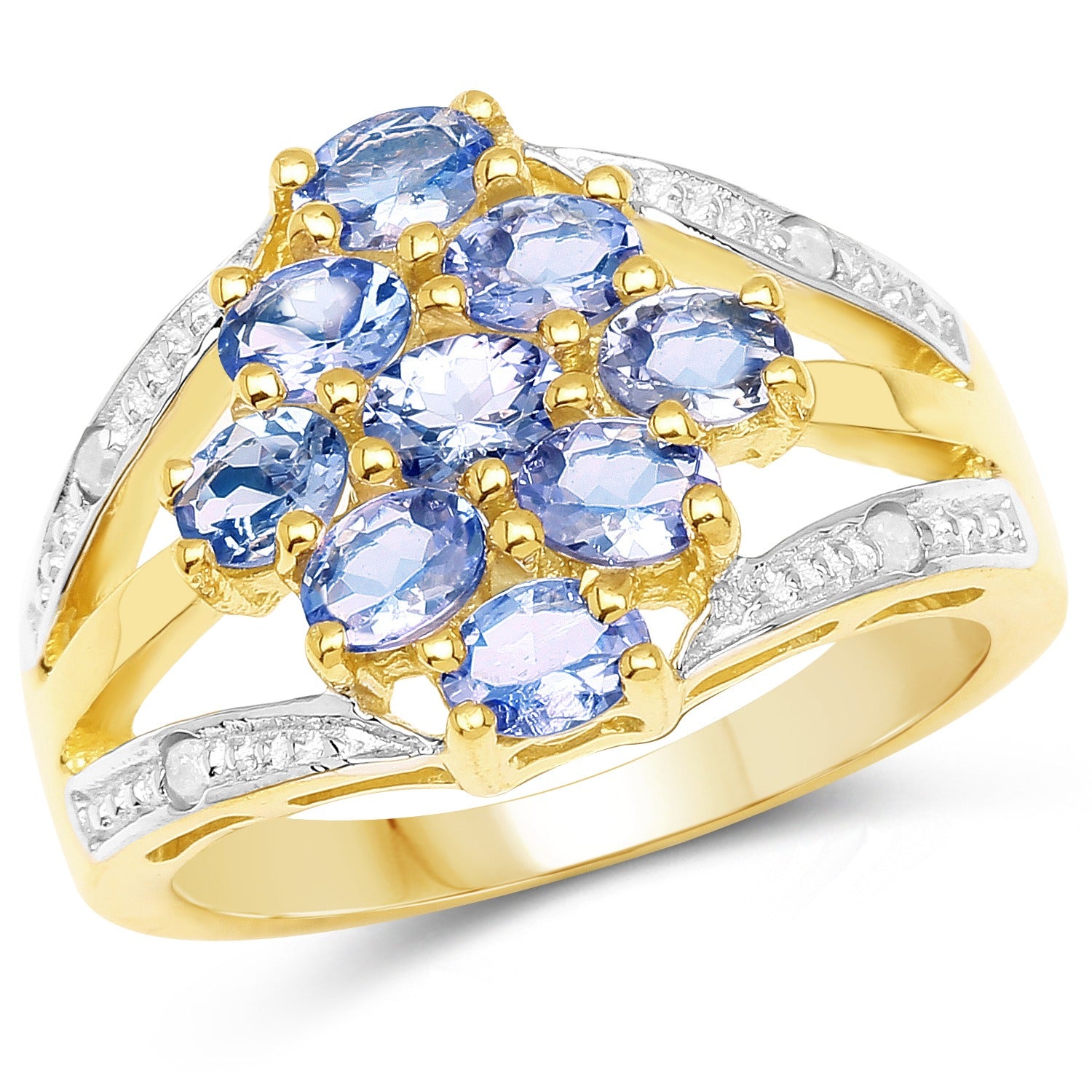 1.59 Ct Oval Violet Tanzanite Prong 14K Yellow Gold Plated Silver Cluster Split Shank Ring