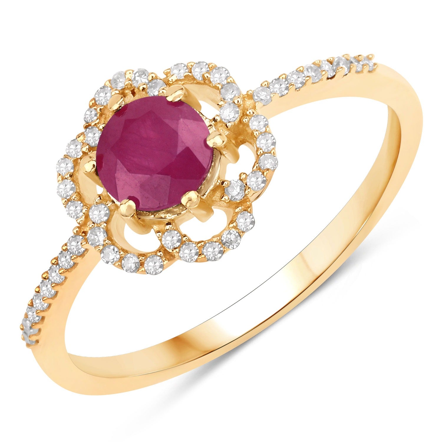 0.68 Ct Round Cut Pink Ruby and White Diamond Prong 14K Yellow Gold Halo Floral Ring