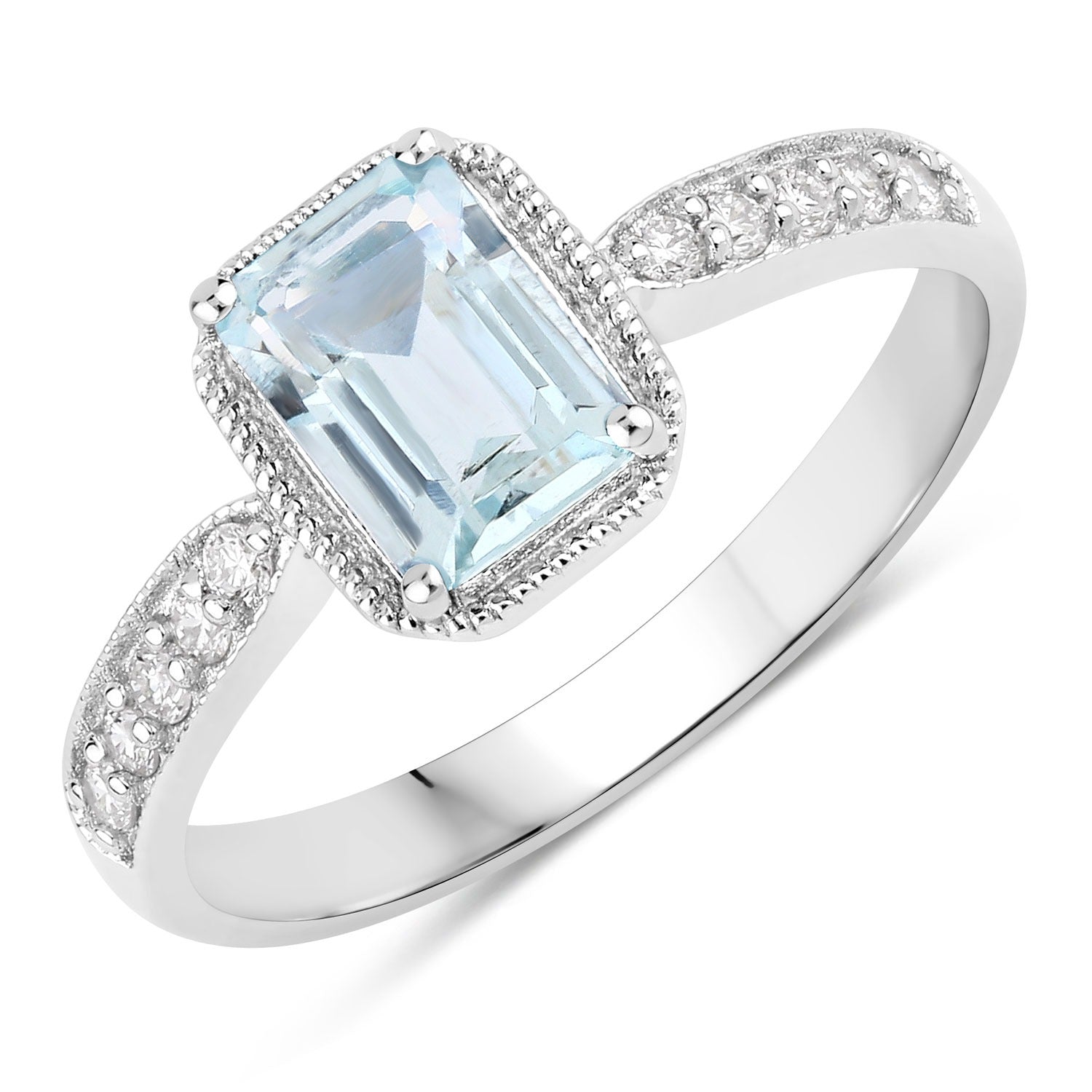 0.94 Ct Genuine Aquamarine and Lab Diamond Sterling Silver Octagon Bridge Ring Fine Color Jewels