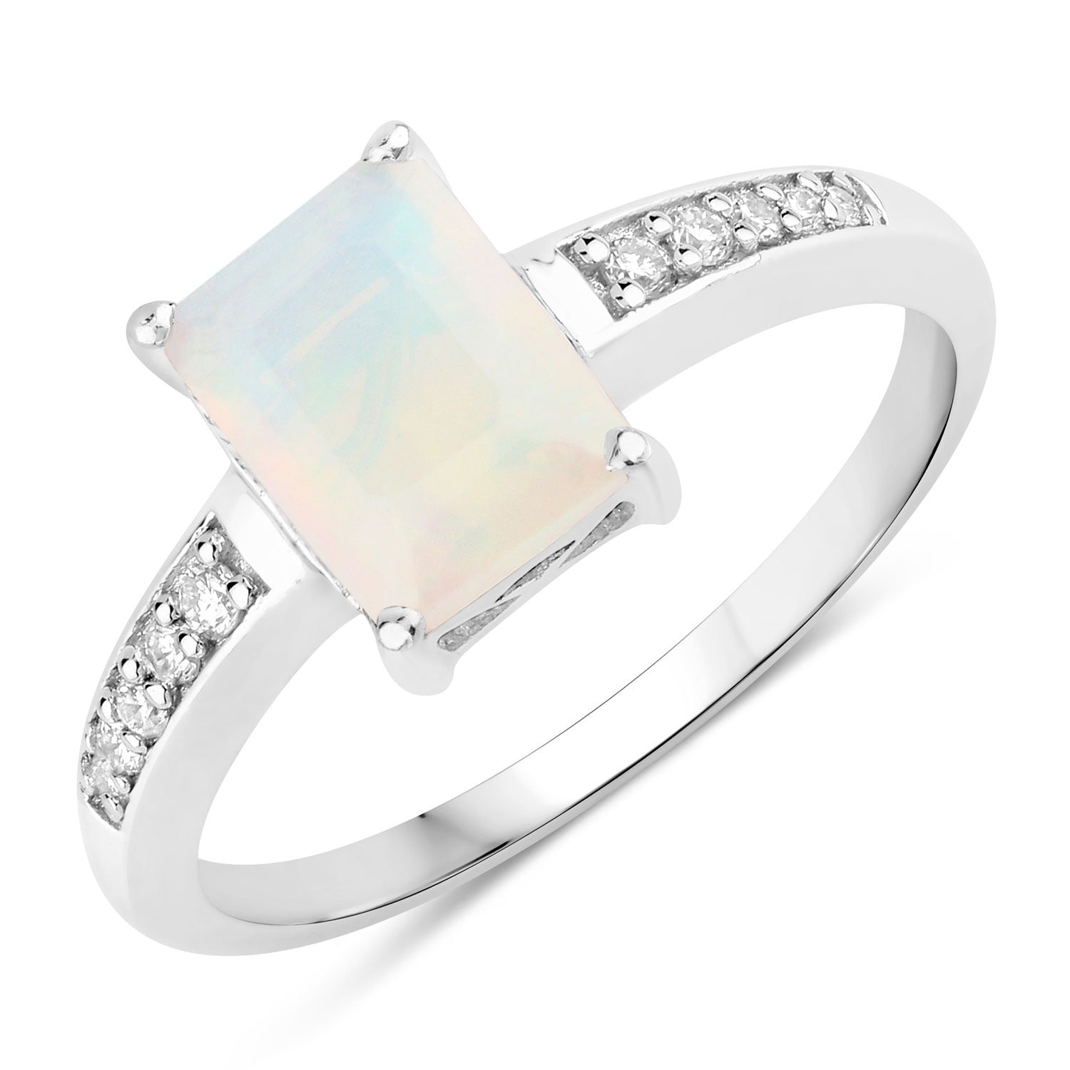 1.14 Ct Genuine Ethiopian Opal and Lab Diamond Silver Octagon Bridge Ring Fine Color Jewels