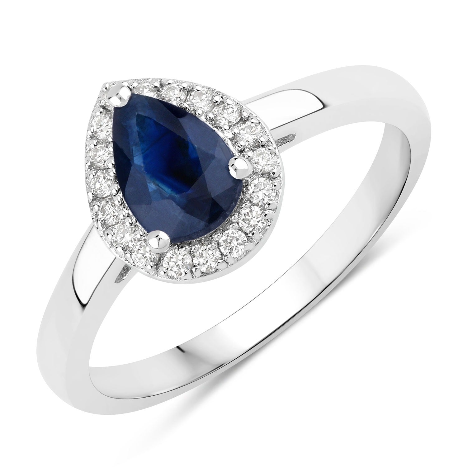 0.94 Ct Genuine Pear Blue Sapphire and Lab Grown Diamond Silver Halo Ring