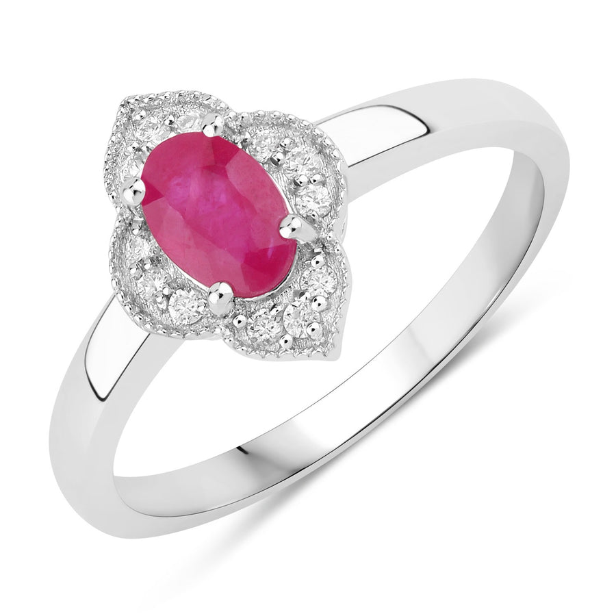 0.52 Ct Oval Pink Mozambique Ruby & Lab Diamond Prong Silver Floral Halo Ring