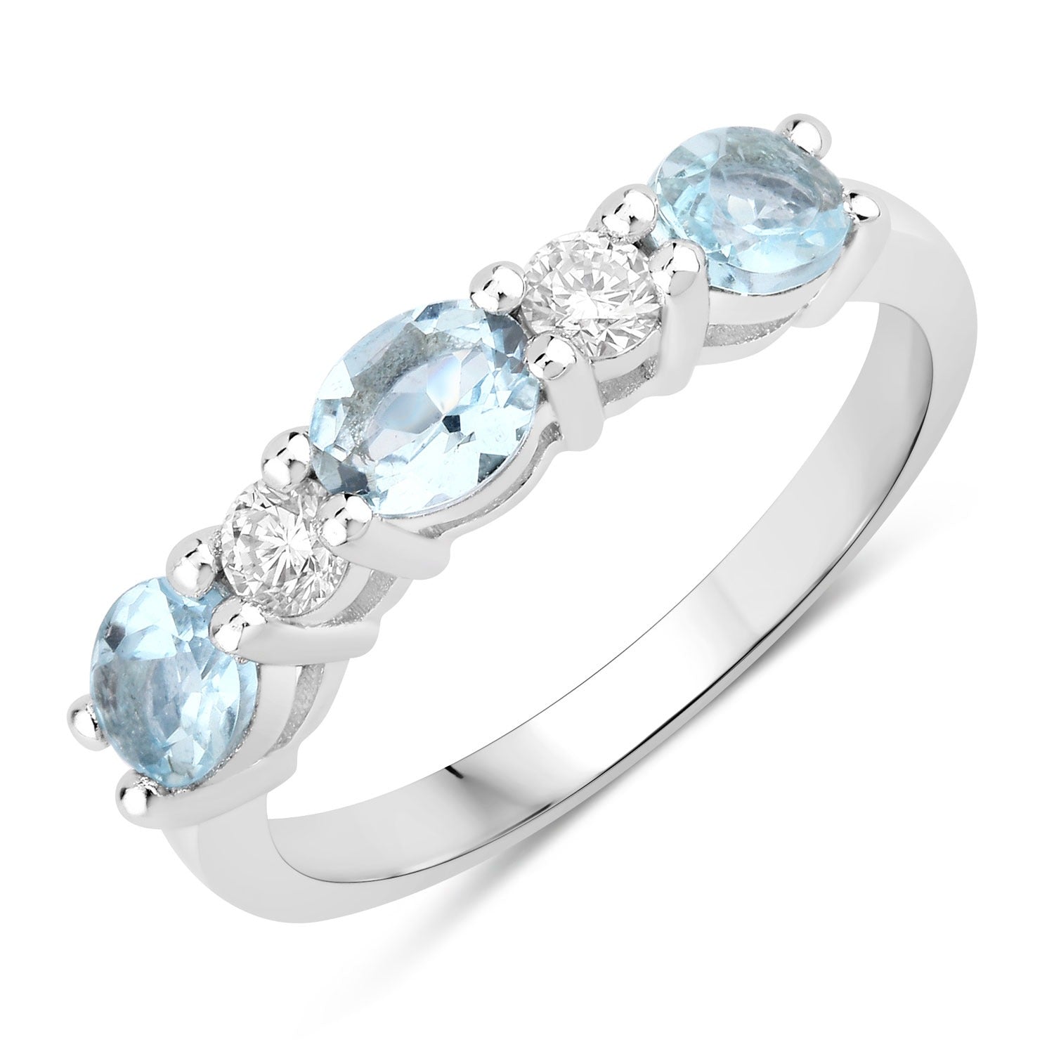 1.07 Ct Genuine Aquamarine and Lab Diamond Silver 5 Stone Ring Fine Color Jewels