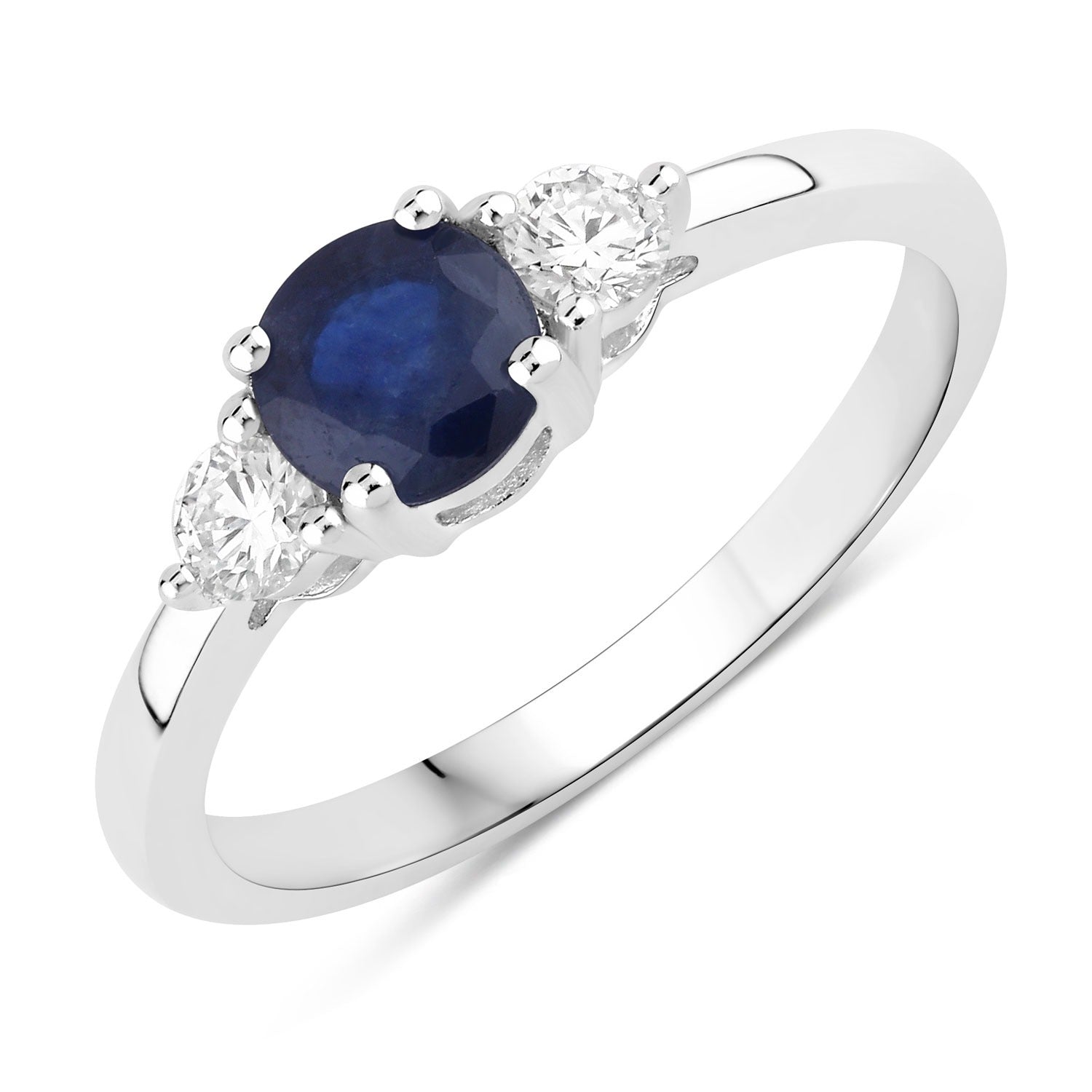 0.87 Ct Genuine Blue Sapphire and Lab Diamond Silver 3 Stone Ring Fine Color Jewels