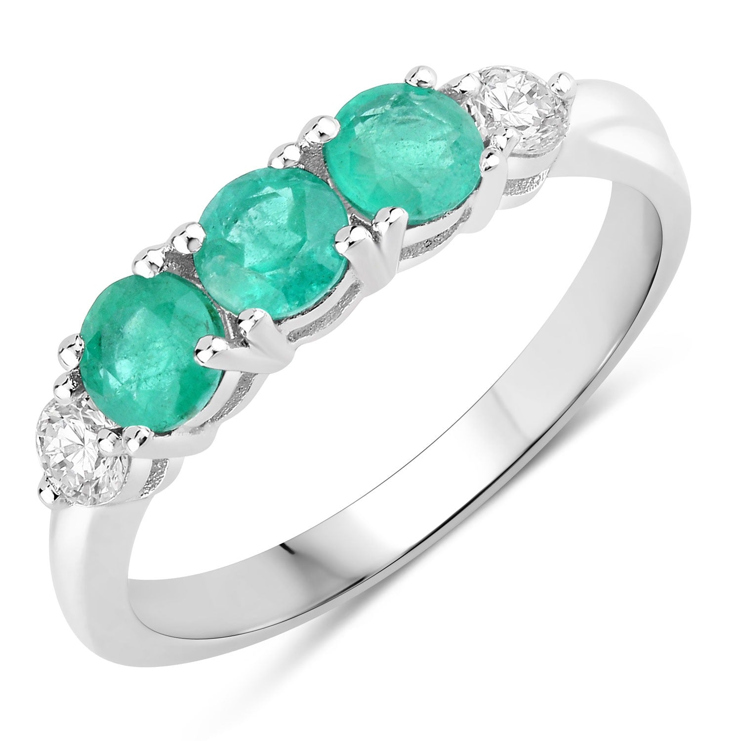 0.91 Ct Genuine Zambian Emerald and Lab Diamond Silver 5 Stone Ring Fine Color Jewels