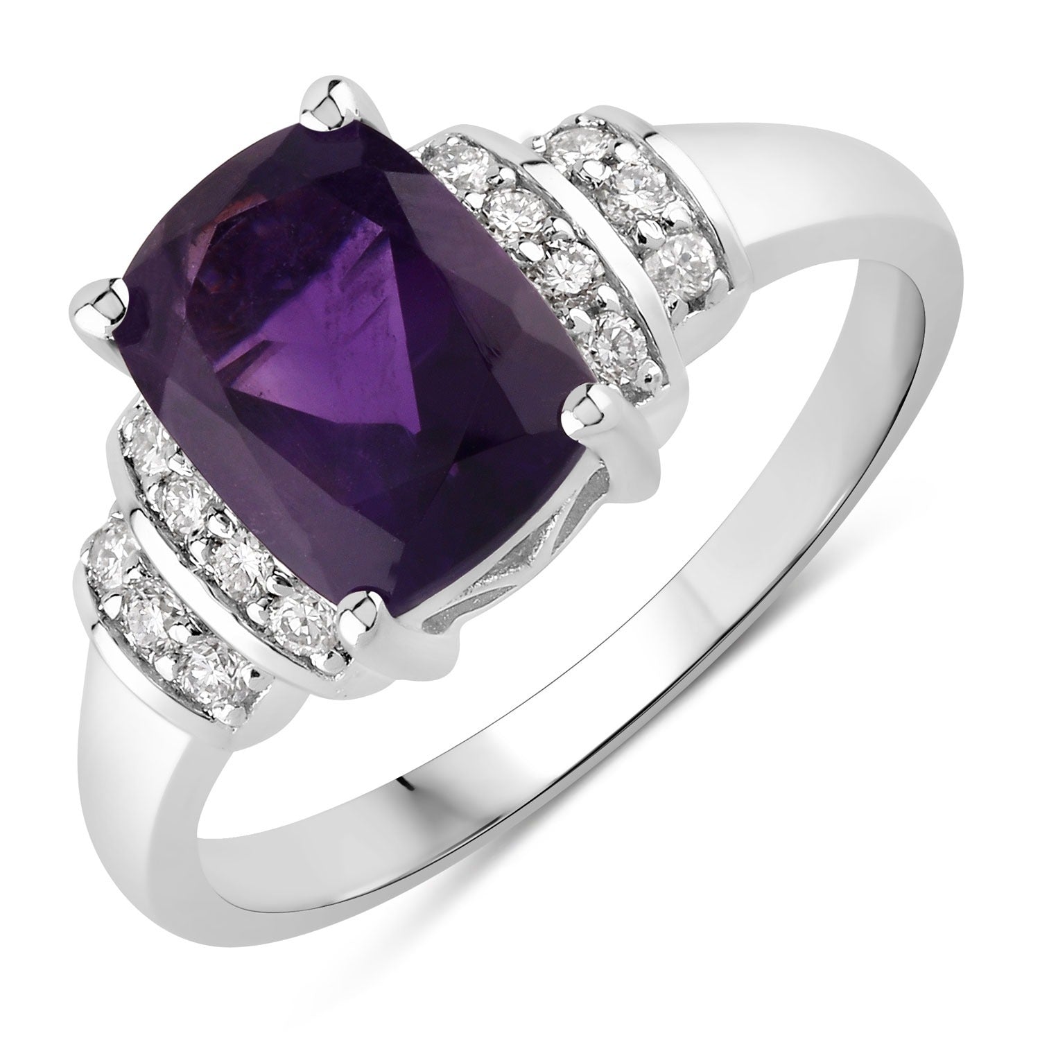 1.63 Ct Genuine Amethyst and Lab Diamond Sterling Silver Cushion Ring