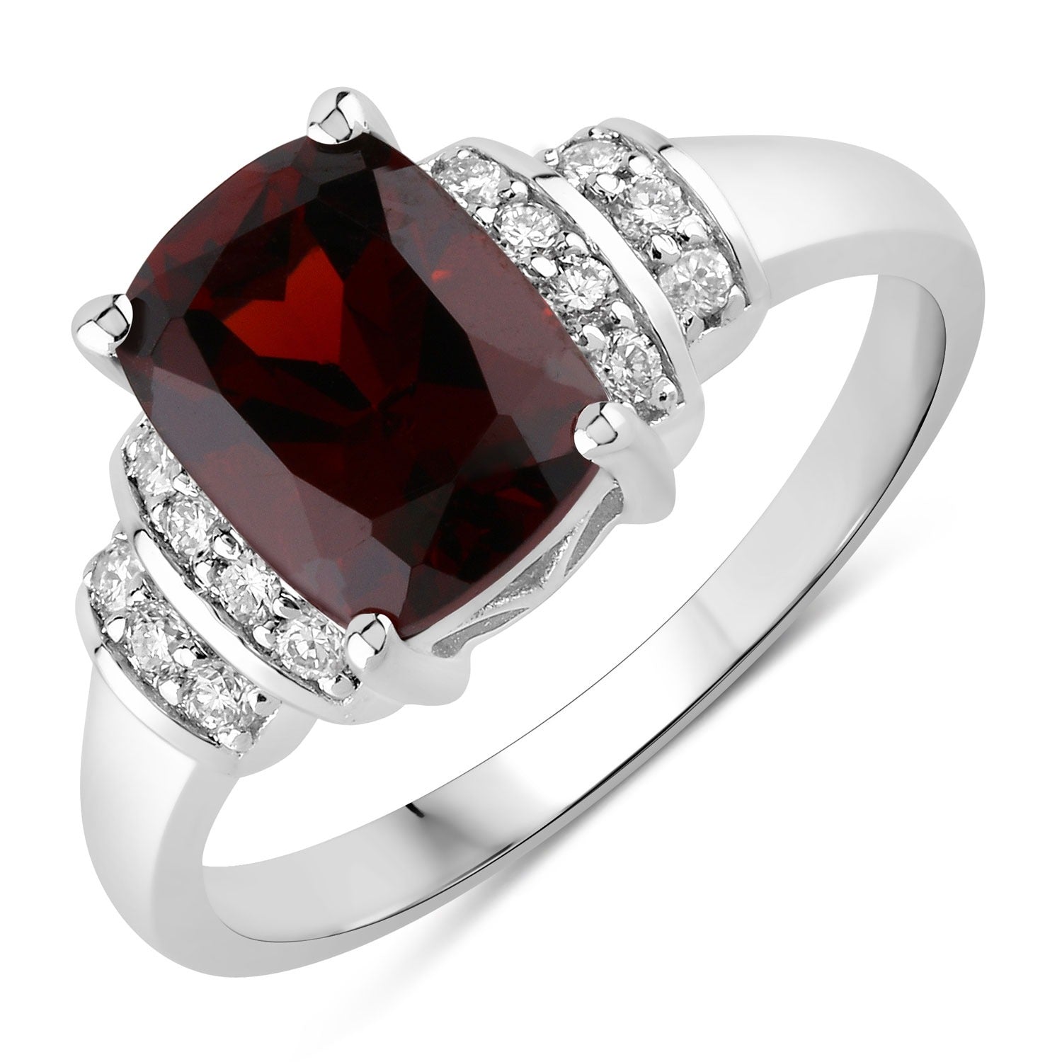 2.58 Ct Genuine Mozambique Garnet and Lab Diamond Silver Cushion Ring