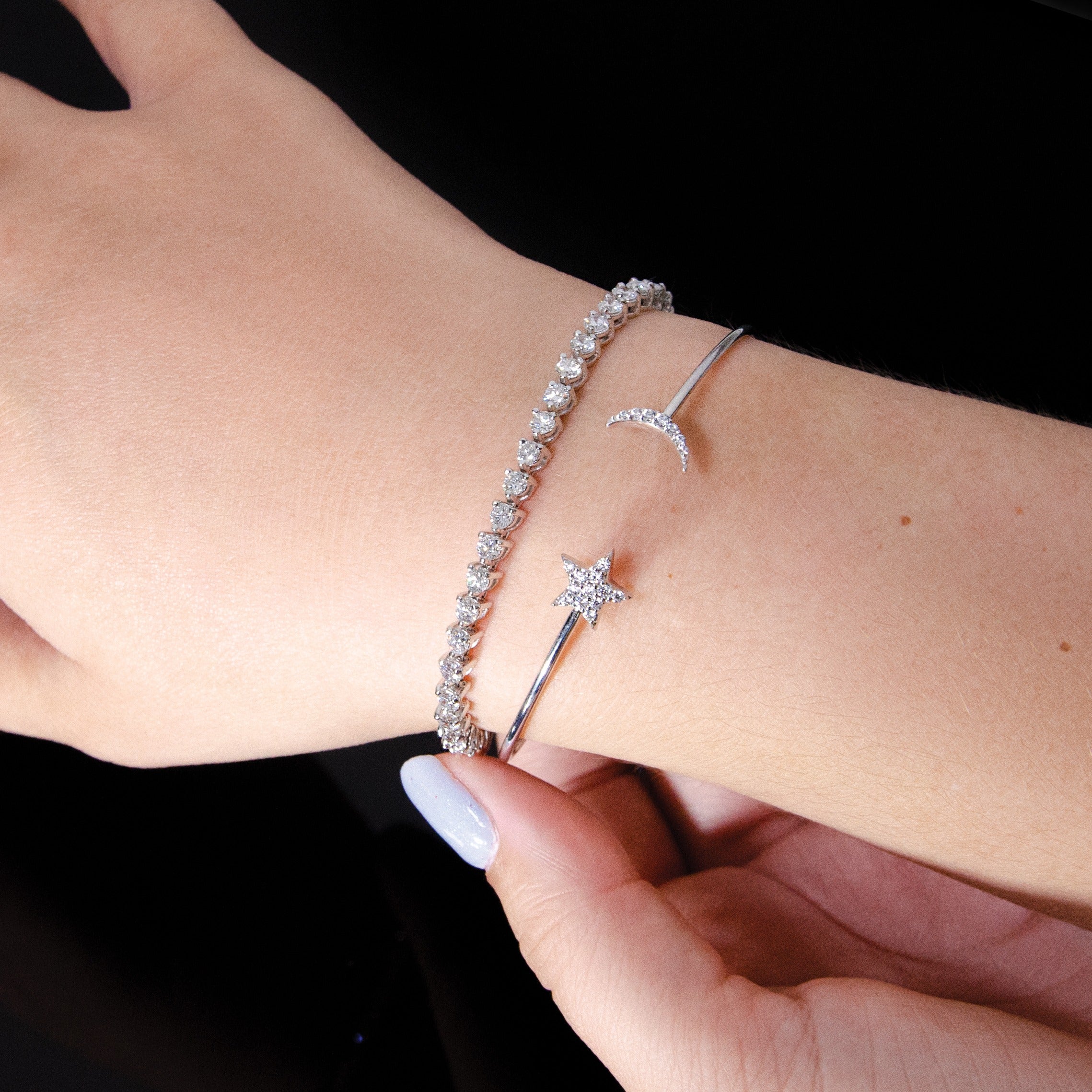 White Diamond 14k White Gold Moon and Star Flexible Cuff Bangle Bracelet