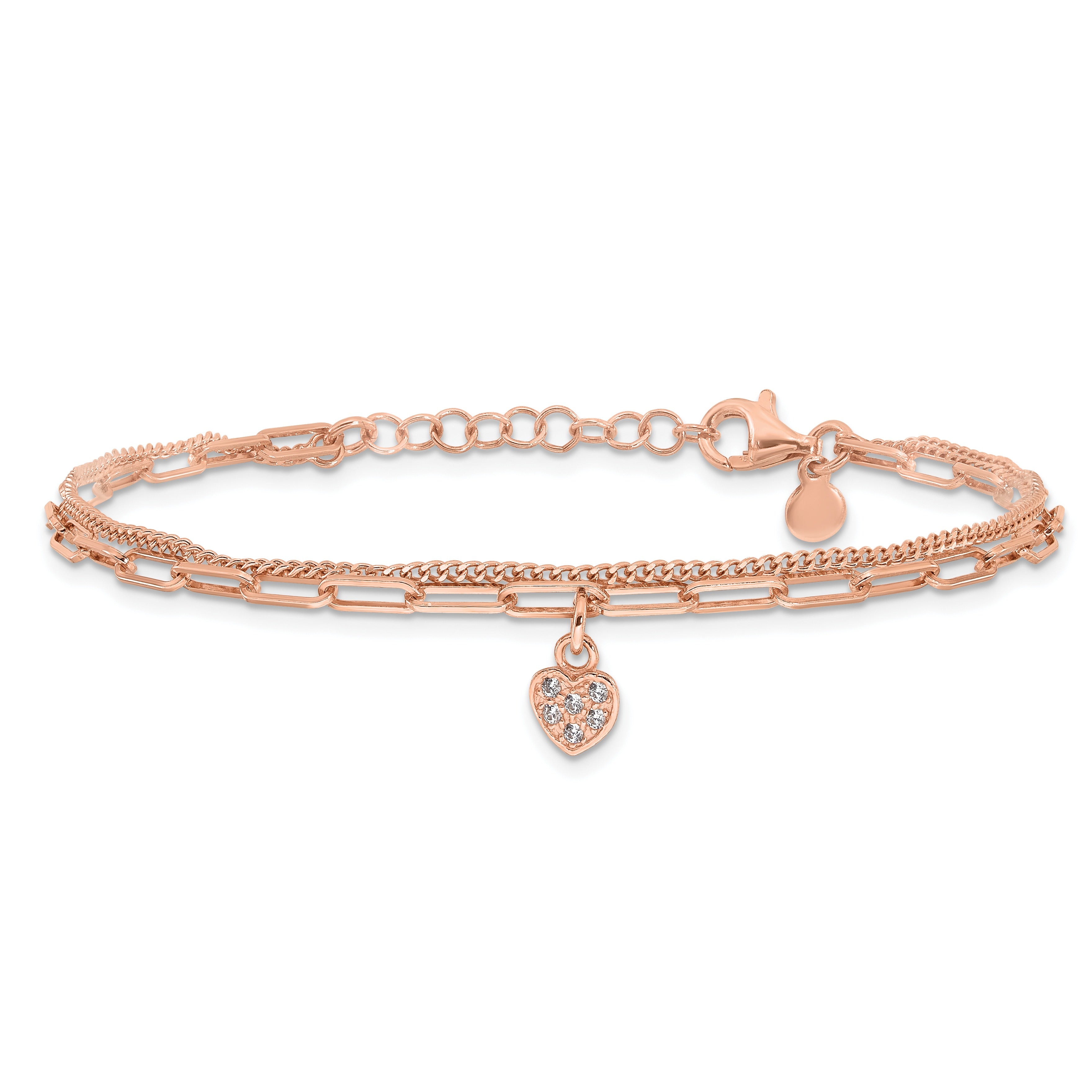 Cubic Zirconia Rose Gold Over Silver Heart Unisex Link Bracelet