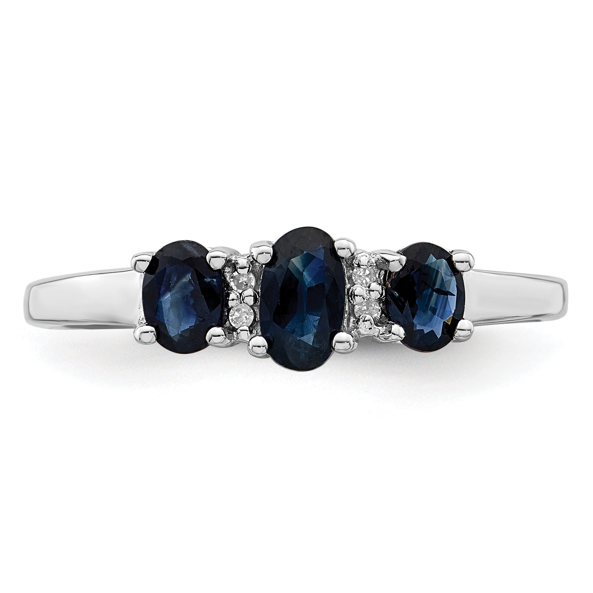 0.85 Ct Oval Blue Sapphire & Diamond Prong Rhodium-Plated Sterling Silver Three Stone Ring