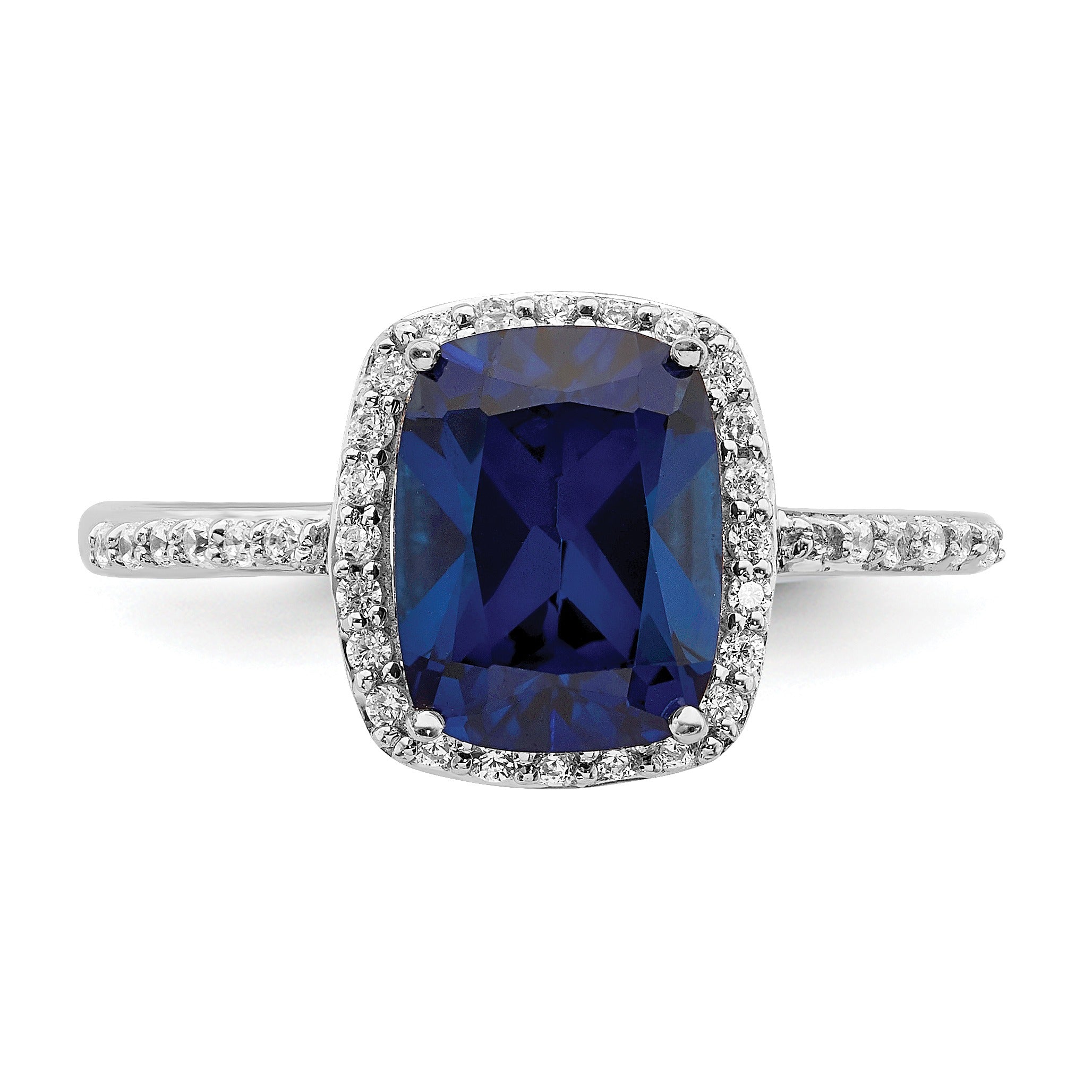 2.3 Ct Cushion Blue Created Sapphire & CZ Prong Rhodium-Plated Silver Halo Pave Band Ring