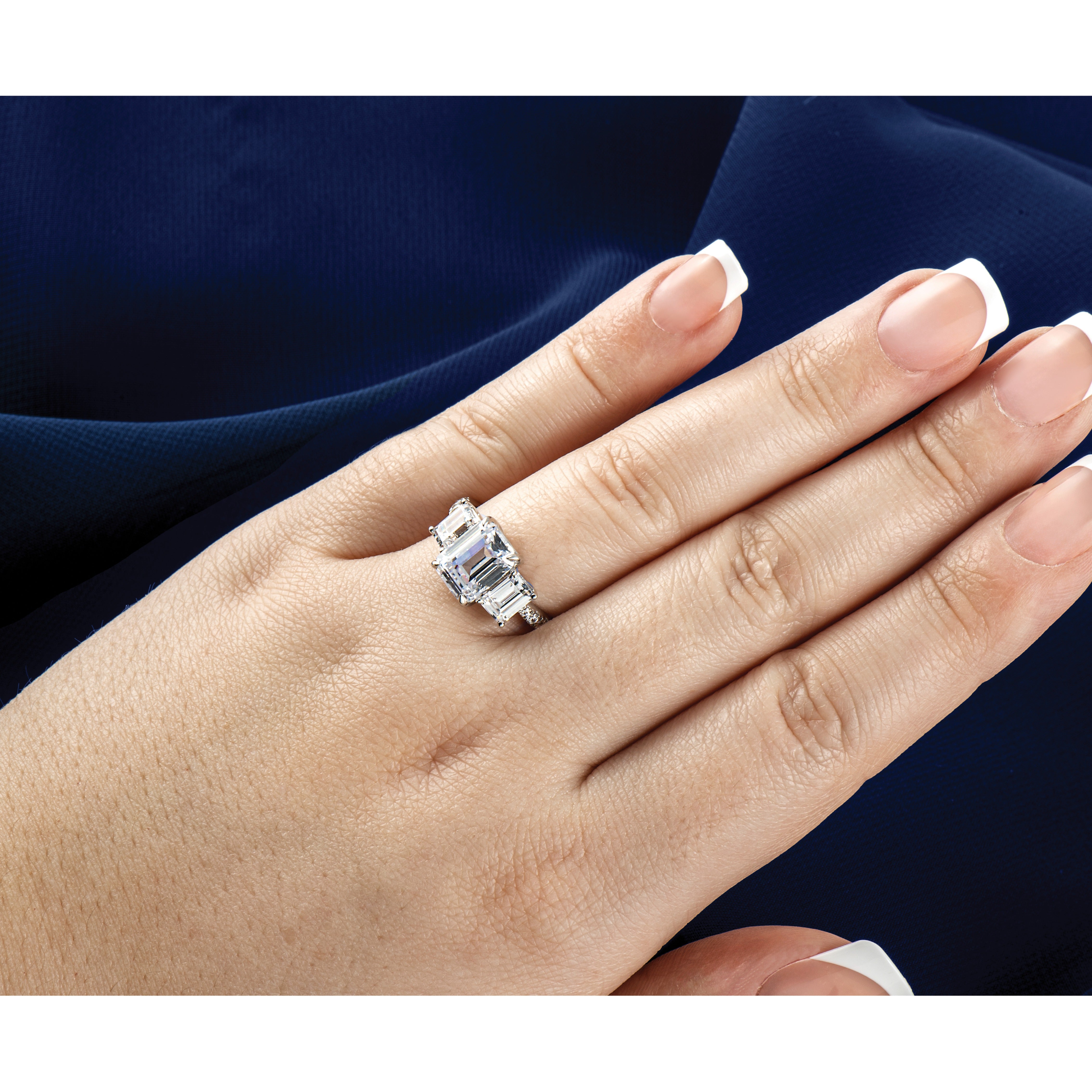 Emerald-Cut White Lab-Grown Diamond Prong 14K White Gold Three Stone Ring
