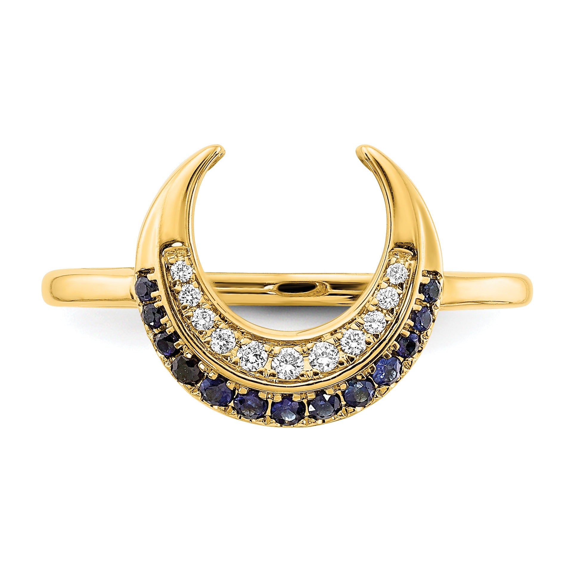 0.25 Ct Round Blue Sapphire & Diamond Pavé 14K Yellow Gold Horseshoe Curved Band Moon Ring
