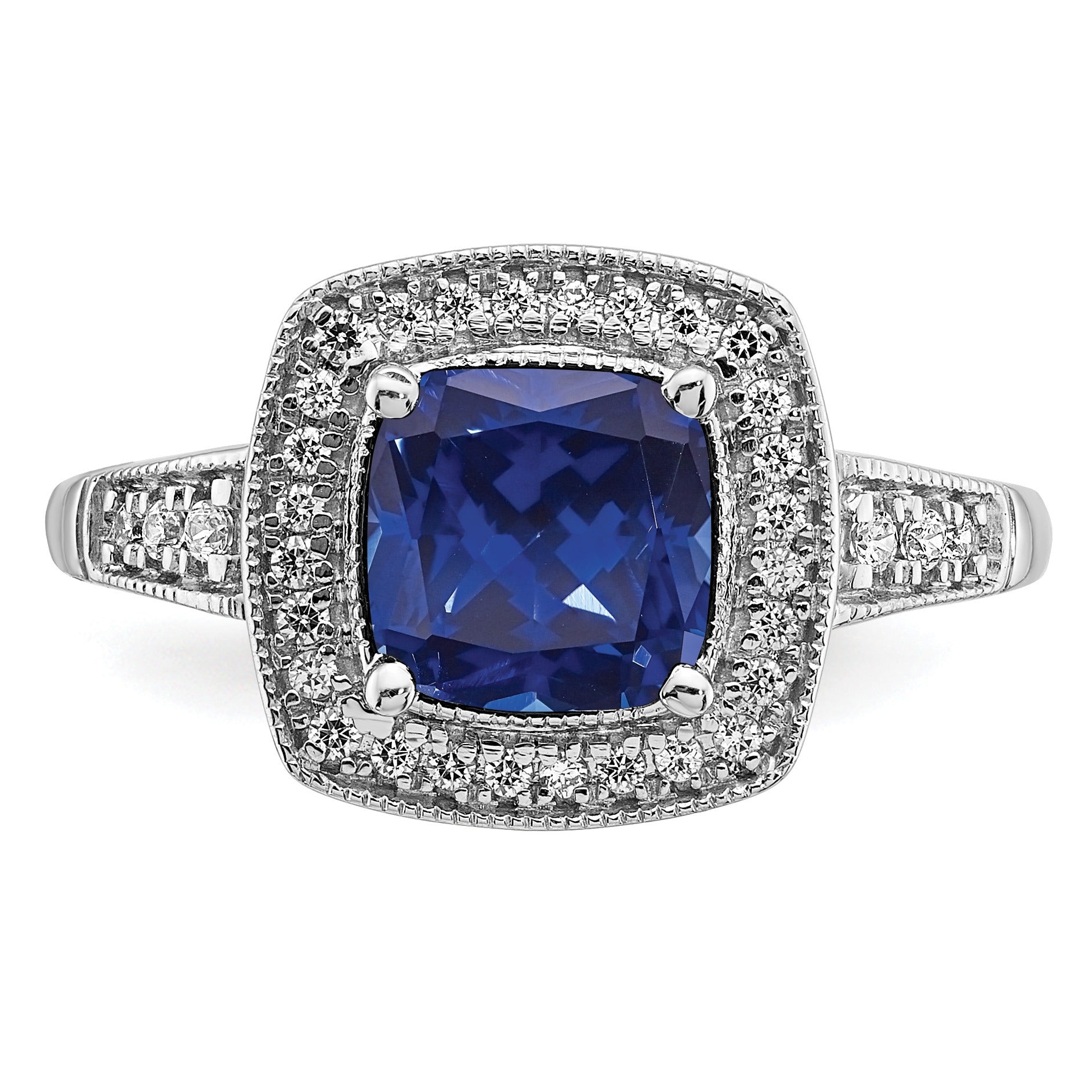 1.31 Ct Cushion Blue Lab Created Sapphire and Diamond Prong 14K White Gold Halo Ring