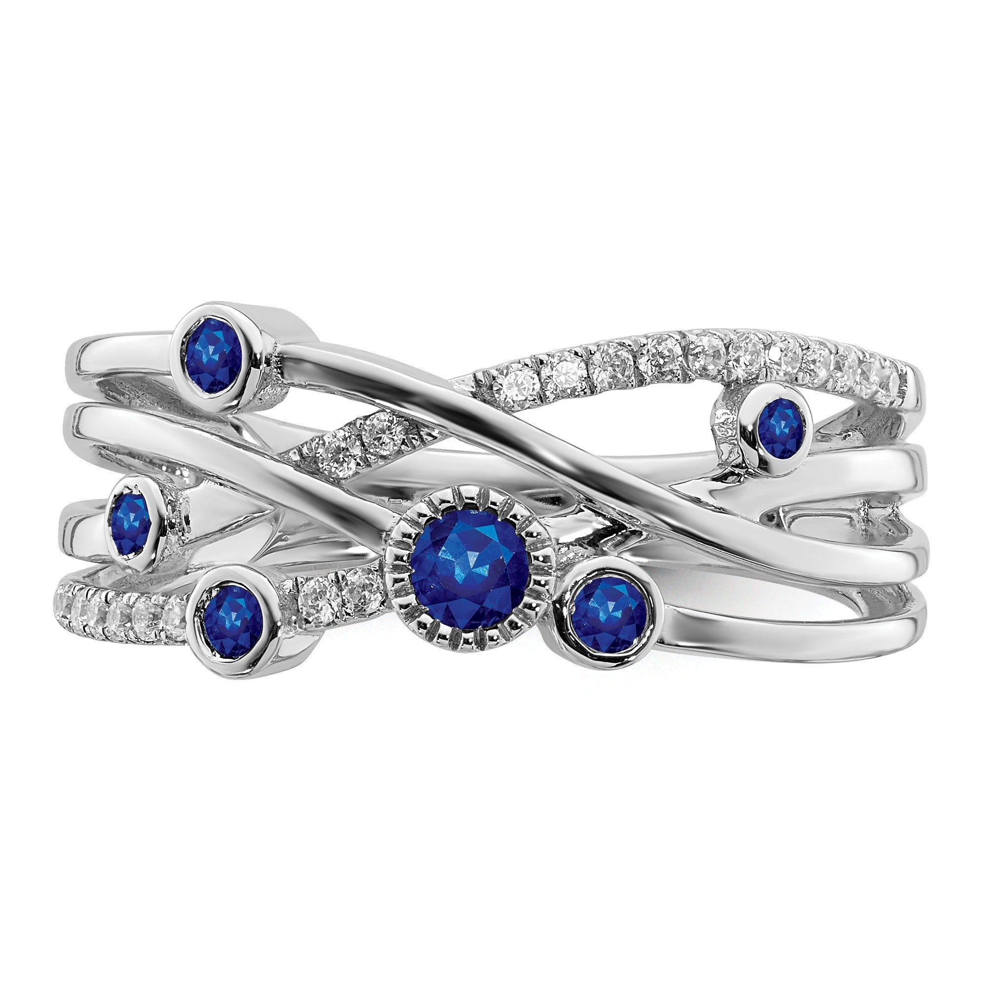 0.27 Ct Round Blue Sapphire Diamond White Gold Bezel Set Criss Cross Band Ring