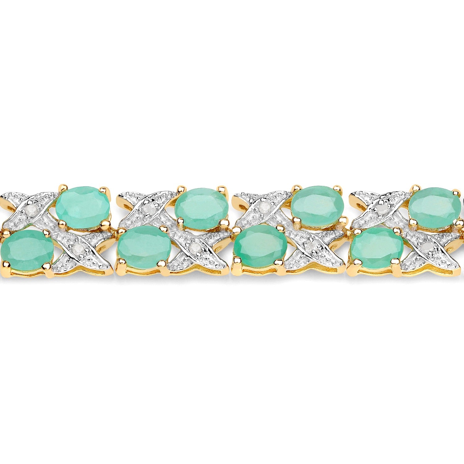 10.37 Ct Genuine Emerald and Diamond Yellow Gold Plated Silver Two Row X-Link Bracelet