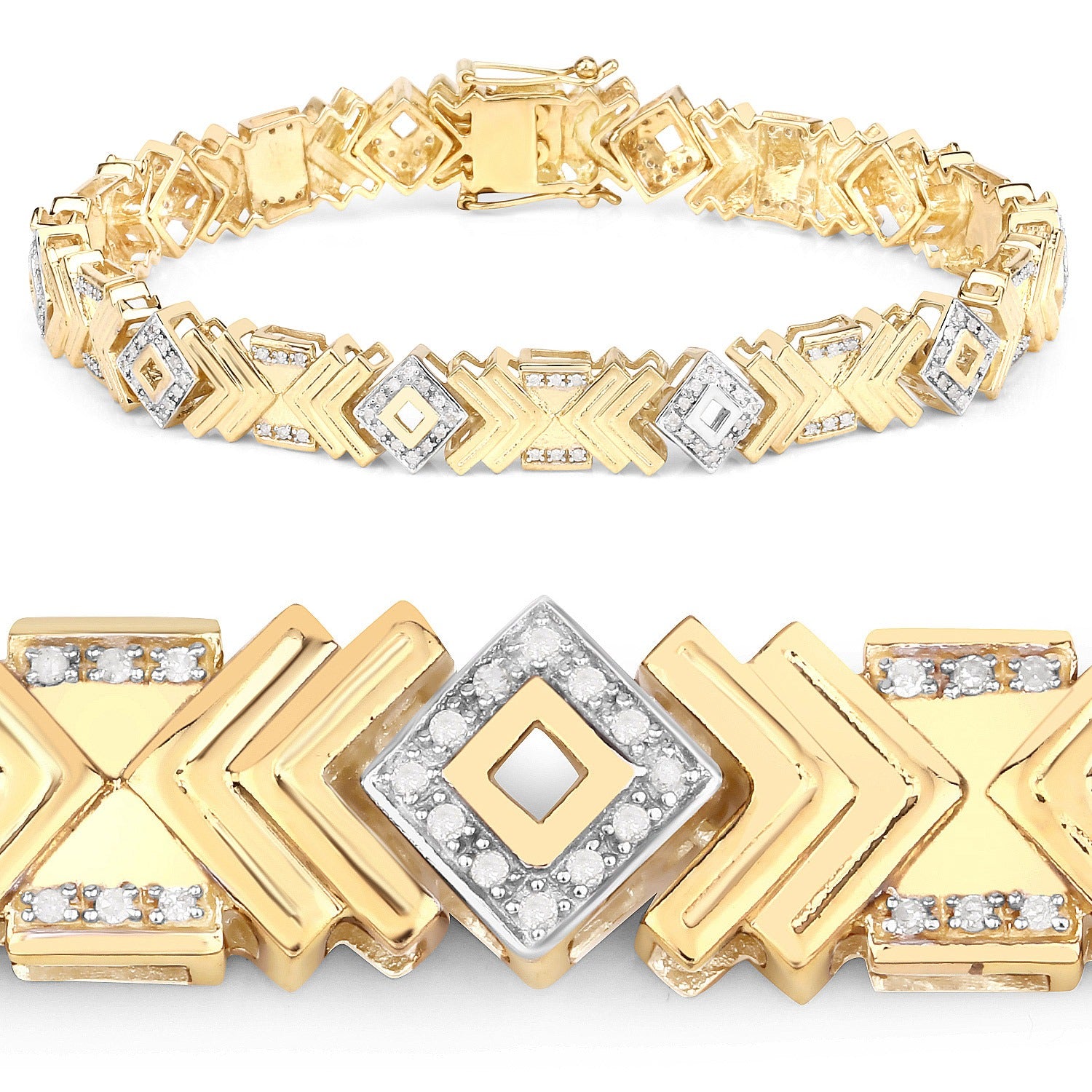 0.98 Ct Round White Diamond Yellow Gold Over Silver Art Deco Link Bracelet