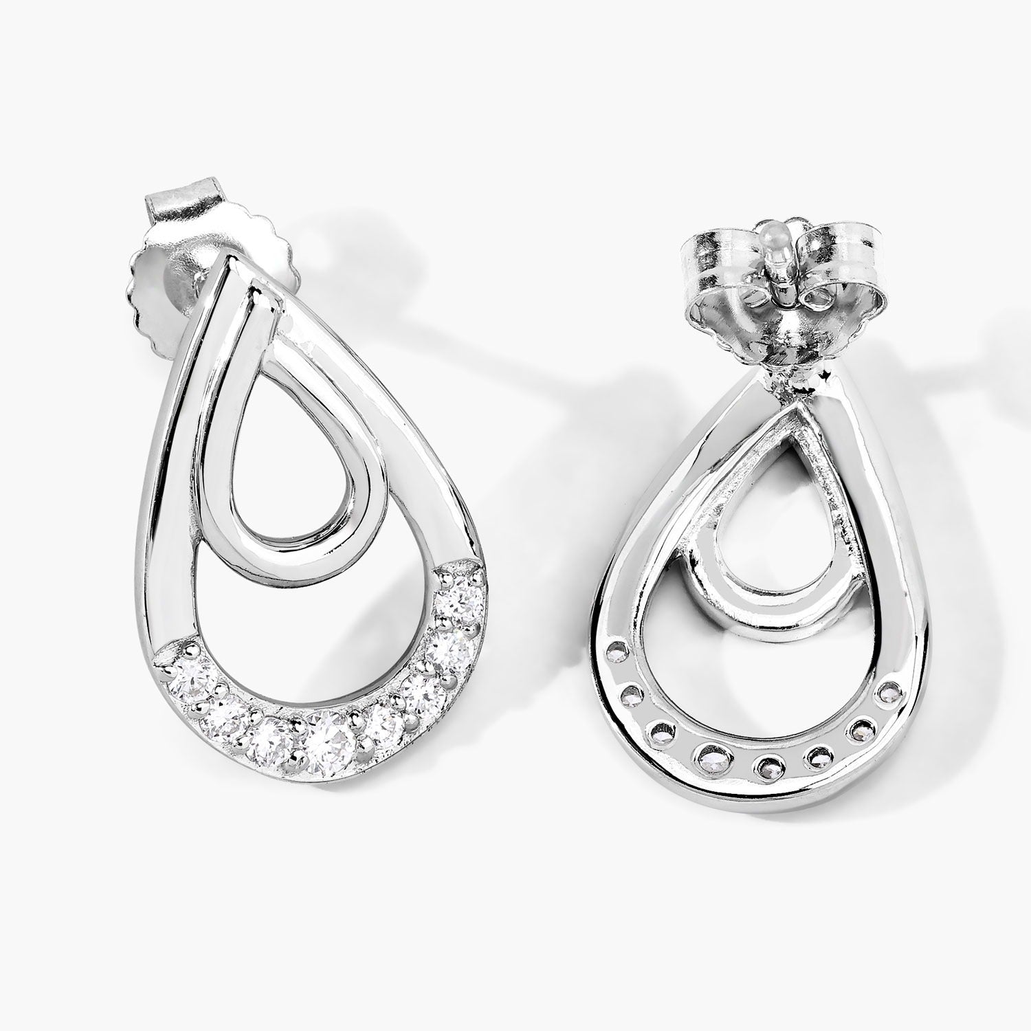0.33 Cttw Round White Lab Diamond Pavé Rhodium Plated Silver Double Teardrop Stud Earrings