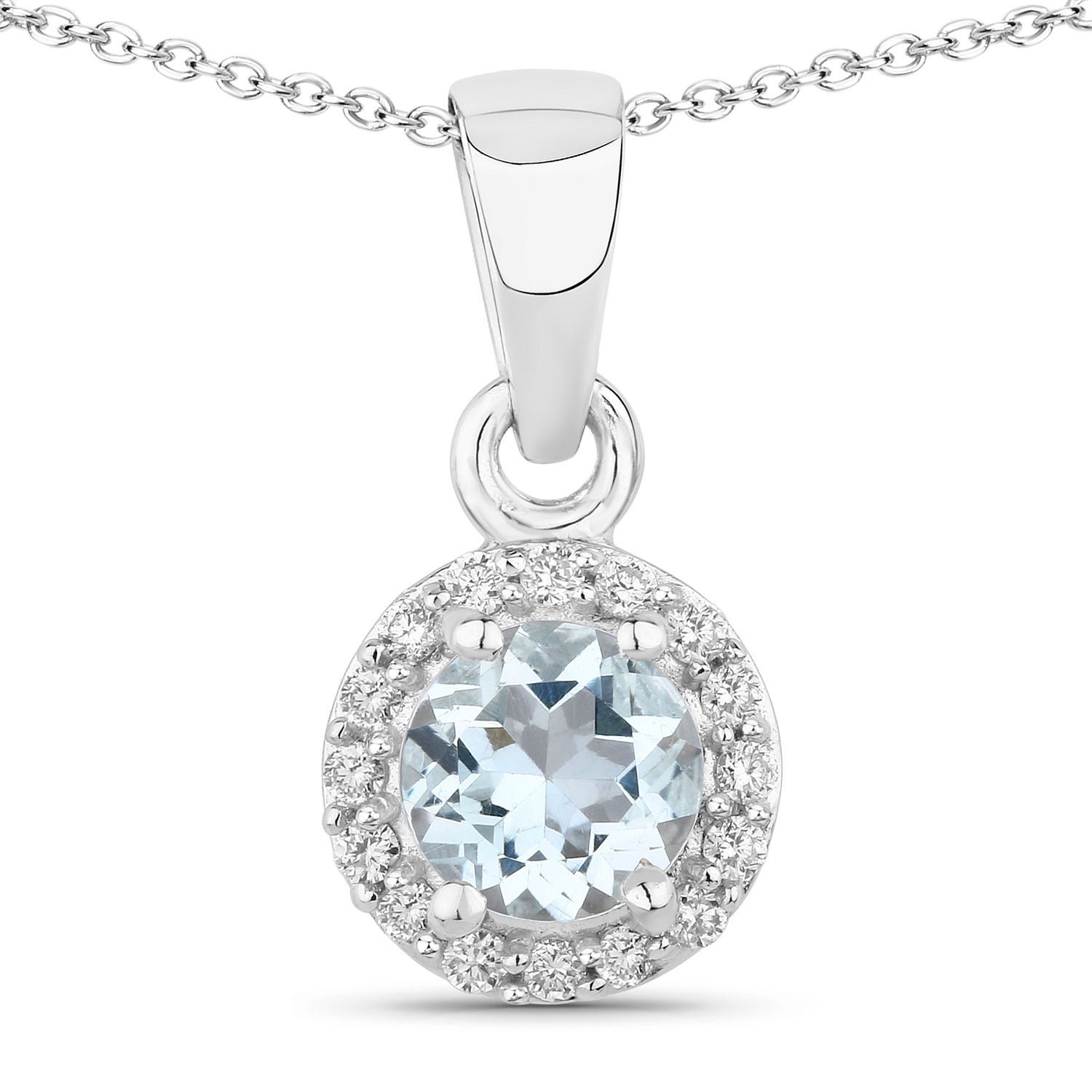 0.48 Ct Genuine Aquamarine and Lab Diamond Silver Round Necklace