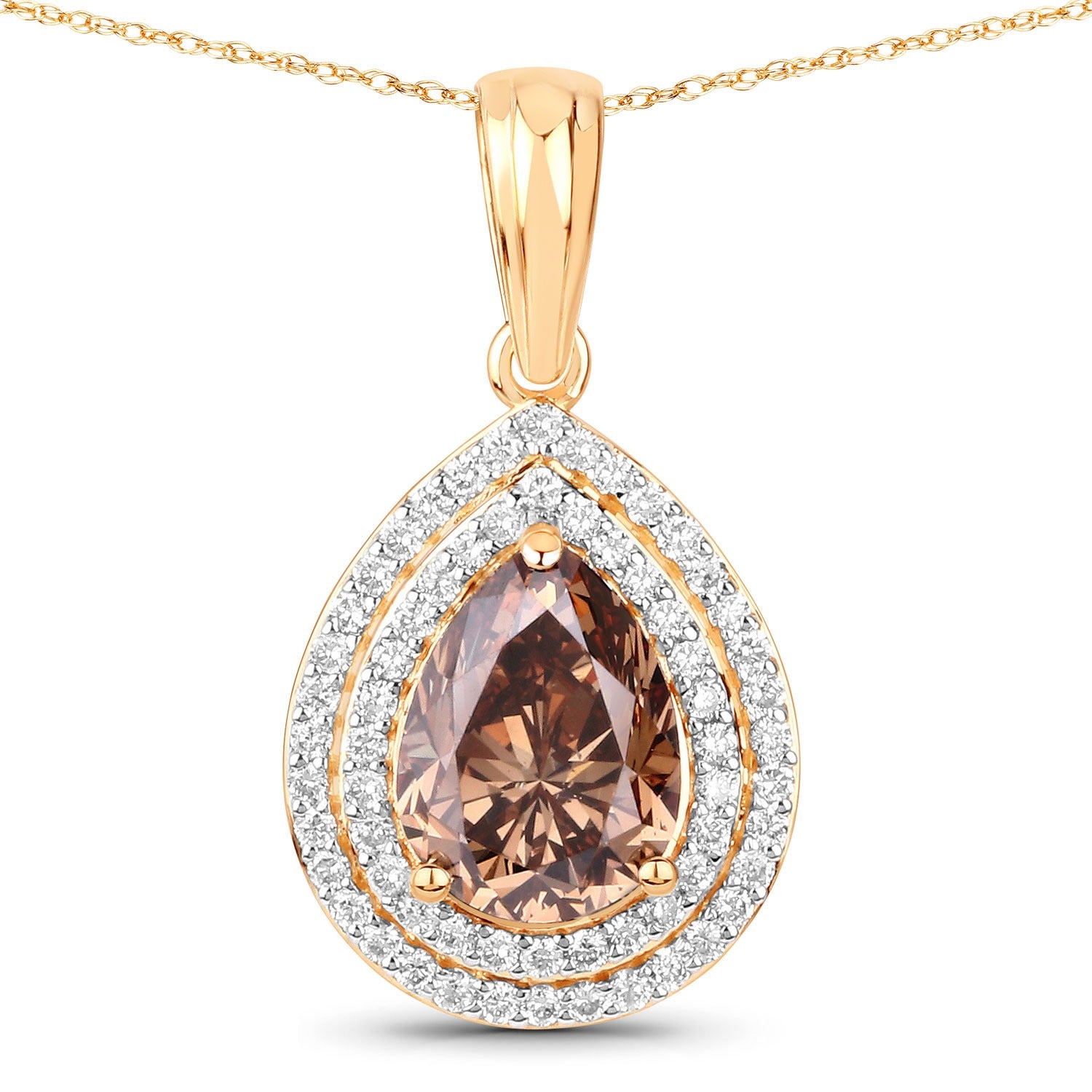 2.01 Ct Genuine Pear Brown Diamond  18K Yellow Gold Statement Pendant