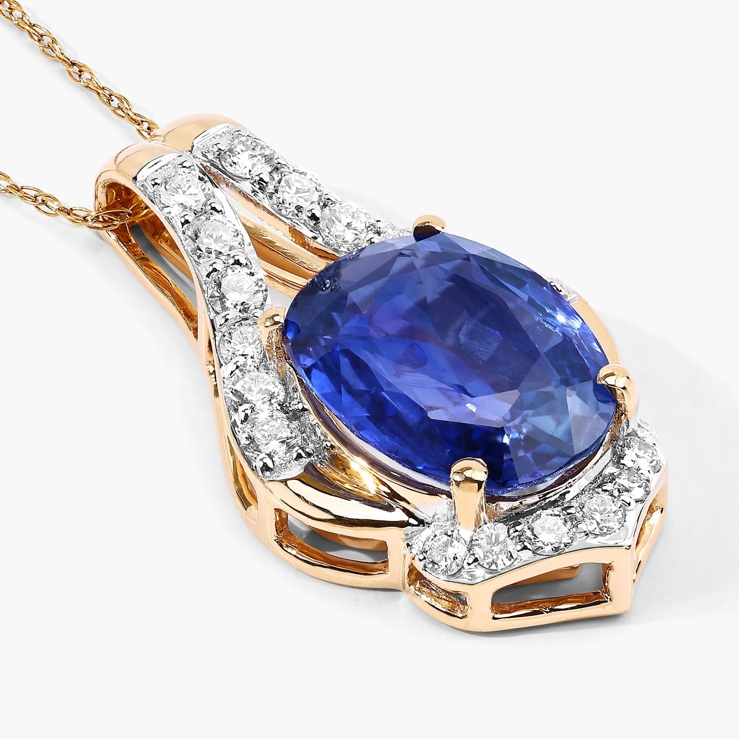 4.13 Ct Genuine Oval Ceylon Blue Sapphire and Diamond 18K Yellow Gold Statement Pendant