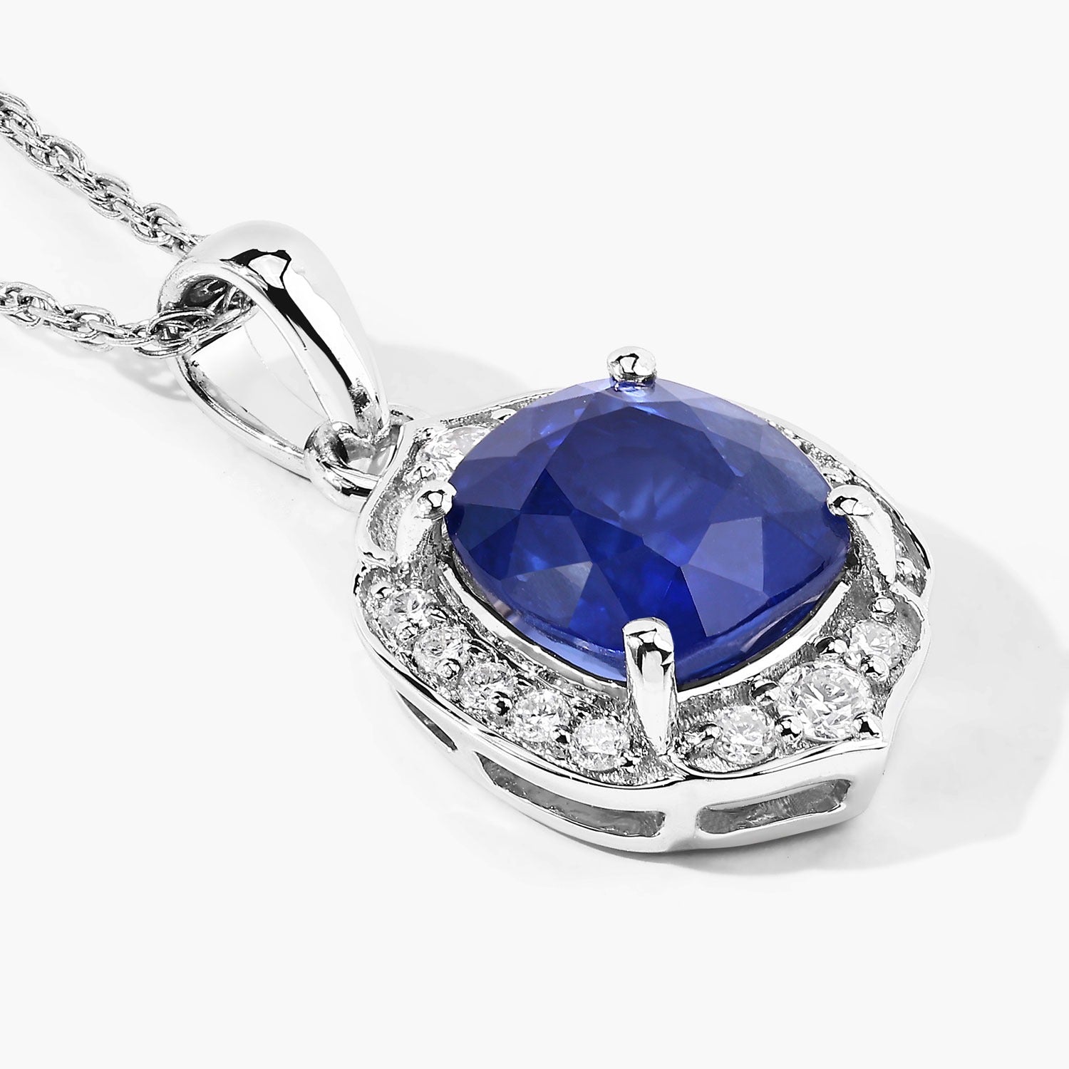 2.19 Ct Genuine Cushion Ceylon Blue Sapphire and Diamond 18K White Gold Halo Pendant