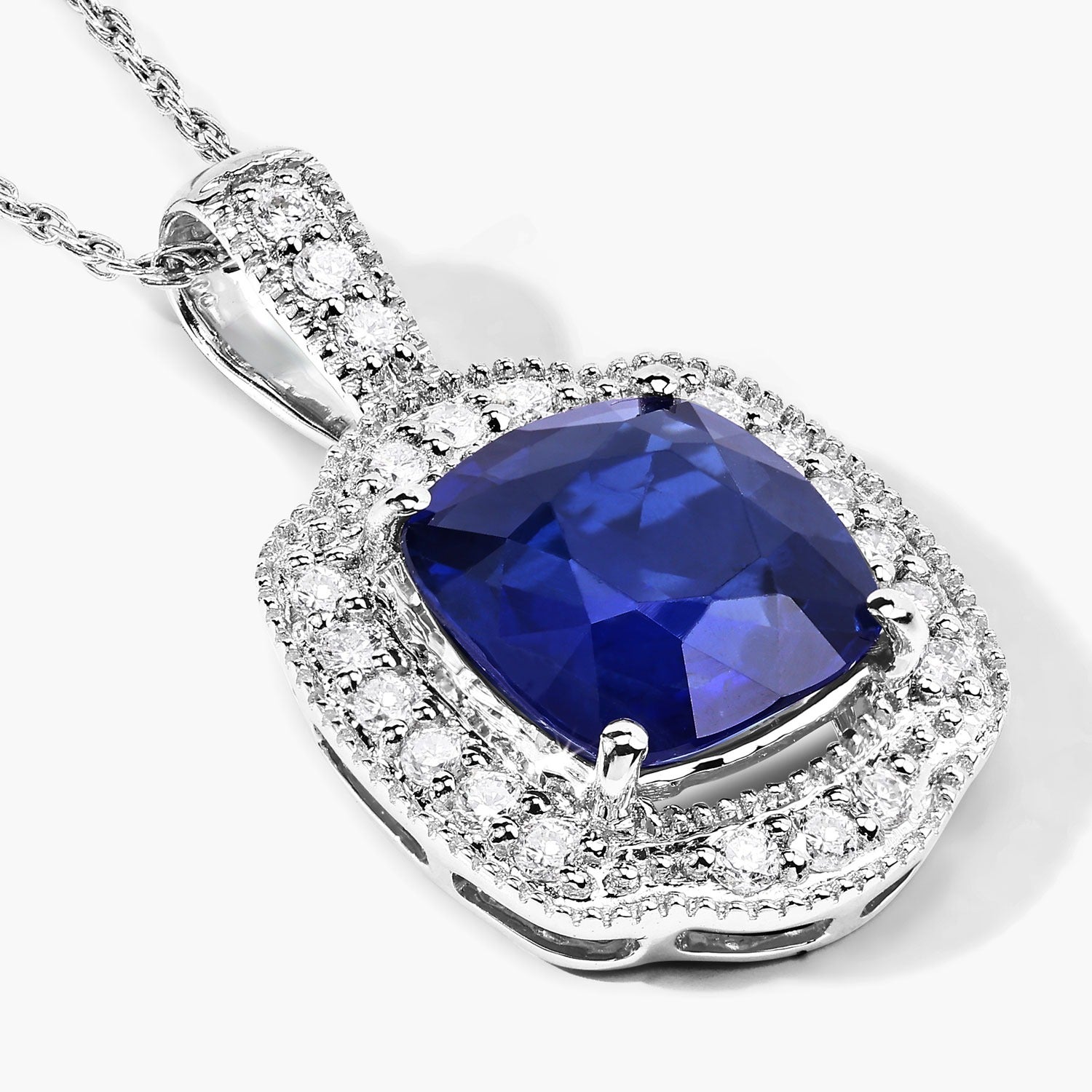 2.53 Ct Genuine Cushion Ceylon Blue Sapphire and Diamond 18K White Gold Halo Pendant