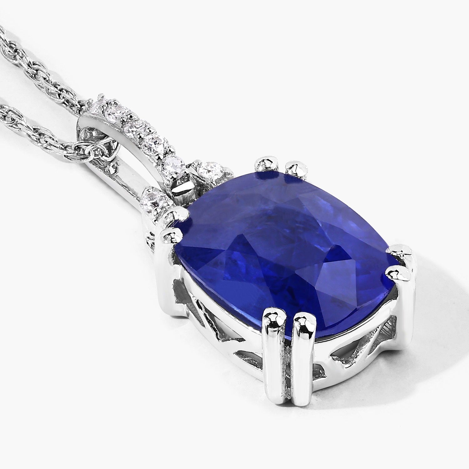 2.05 Ct Genuine Cushion Ceylon Blue Sapphire and Diamond 18K White Gold Slide Pendant