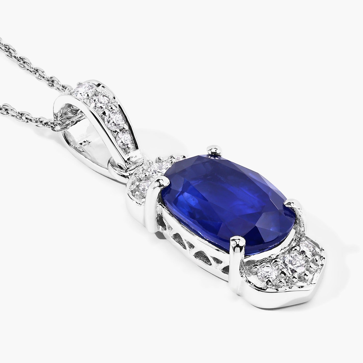 2.46 Ct Genuine Cushion Ceylon Blue Sapphire and Diamond 18K White Gold Statement Pendant
