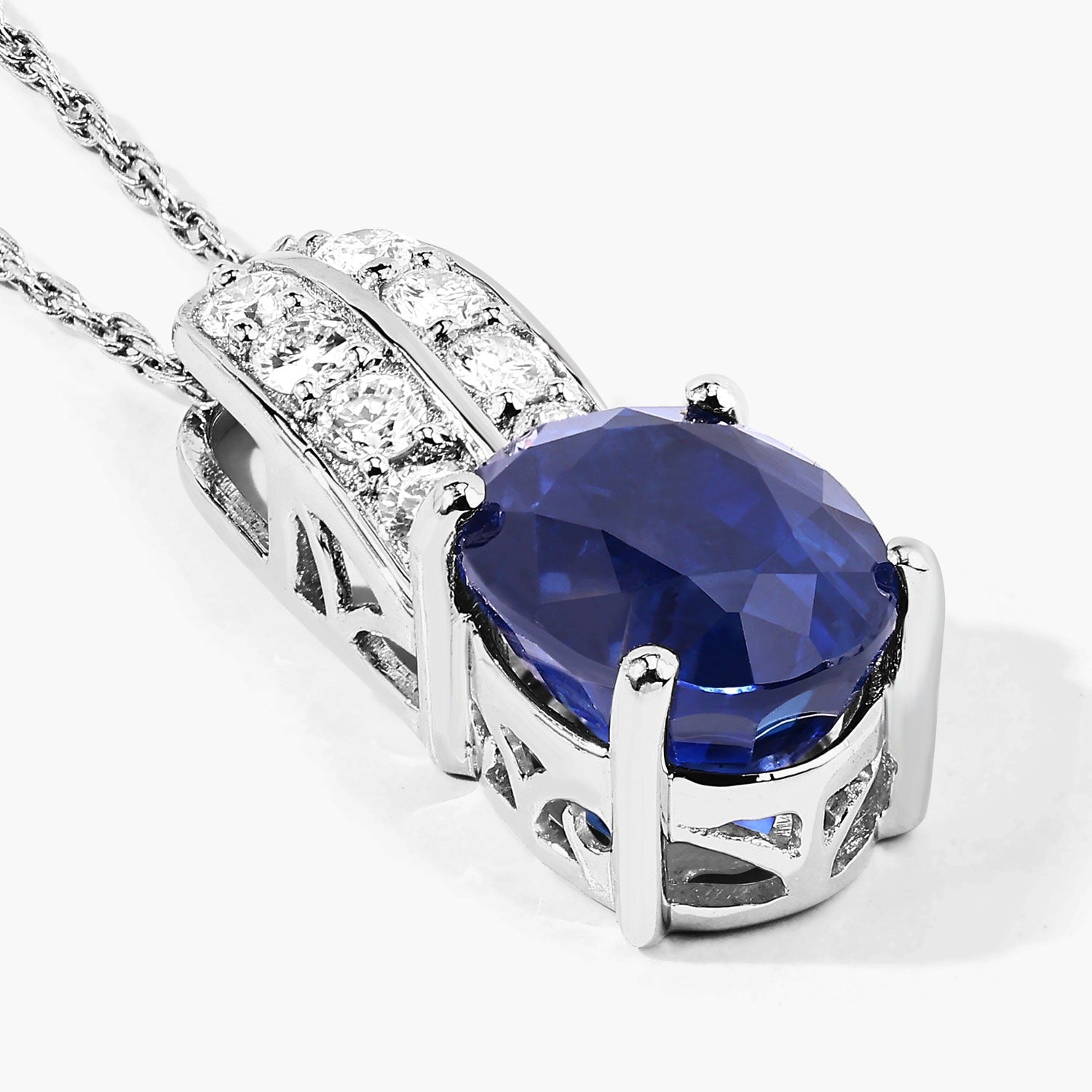 2.74 Ct Genuine Oval Ceylon Blue Sapphire and Diamond 18K White Gold Slide Pendant