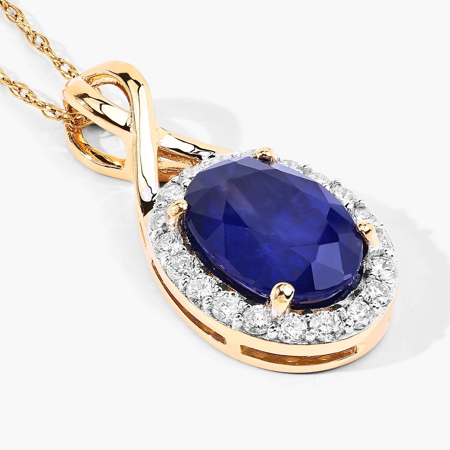 1.88 Ct Genuine Oval Ceylon Blue Sapphire and Diamond 18K Yellow Gold Crossover Pendant