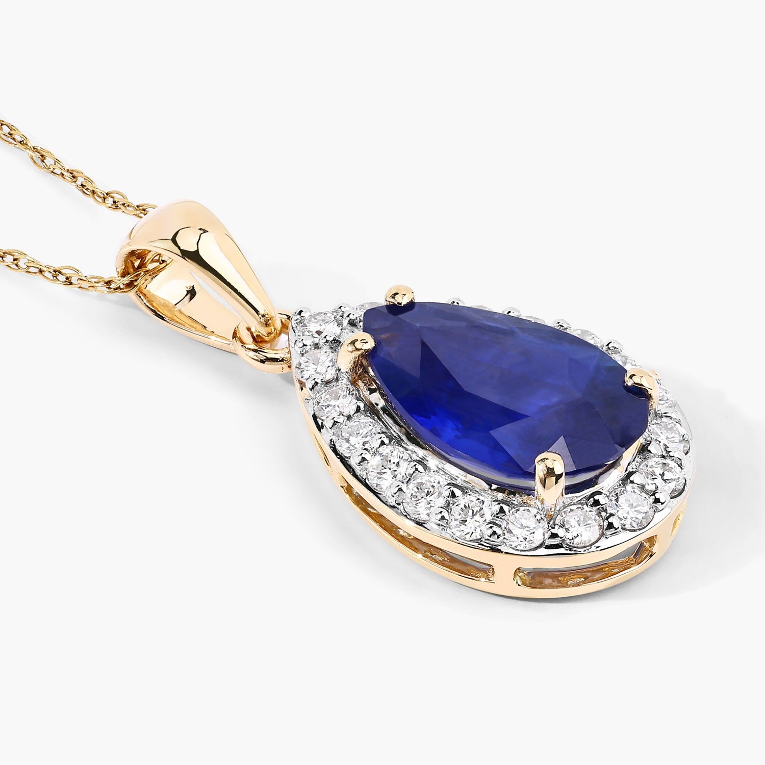 1.88 Ct Genuine Oval Ceylon Blue Sapphire and Diamond 18K Yellow Gold Teardrop Pendant