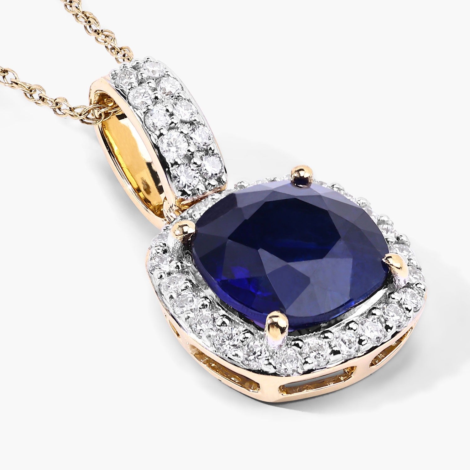 2.18 Ct Genuine Cushion Ceylon Blue Sapphire and Diamond 18K Yellow Gold Halo Pendant