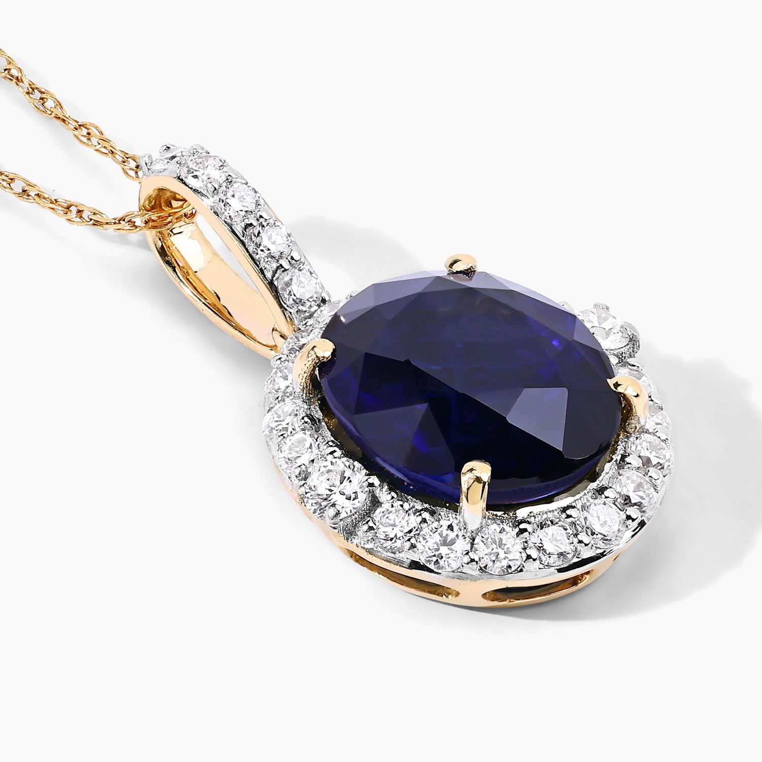 2.58 Ct Genuine Oval Ceylon Blue Sapphire and Diamond 18K Yellow Gold Halo Pendant