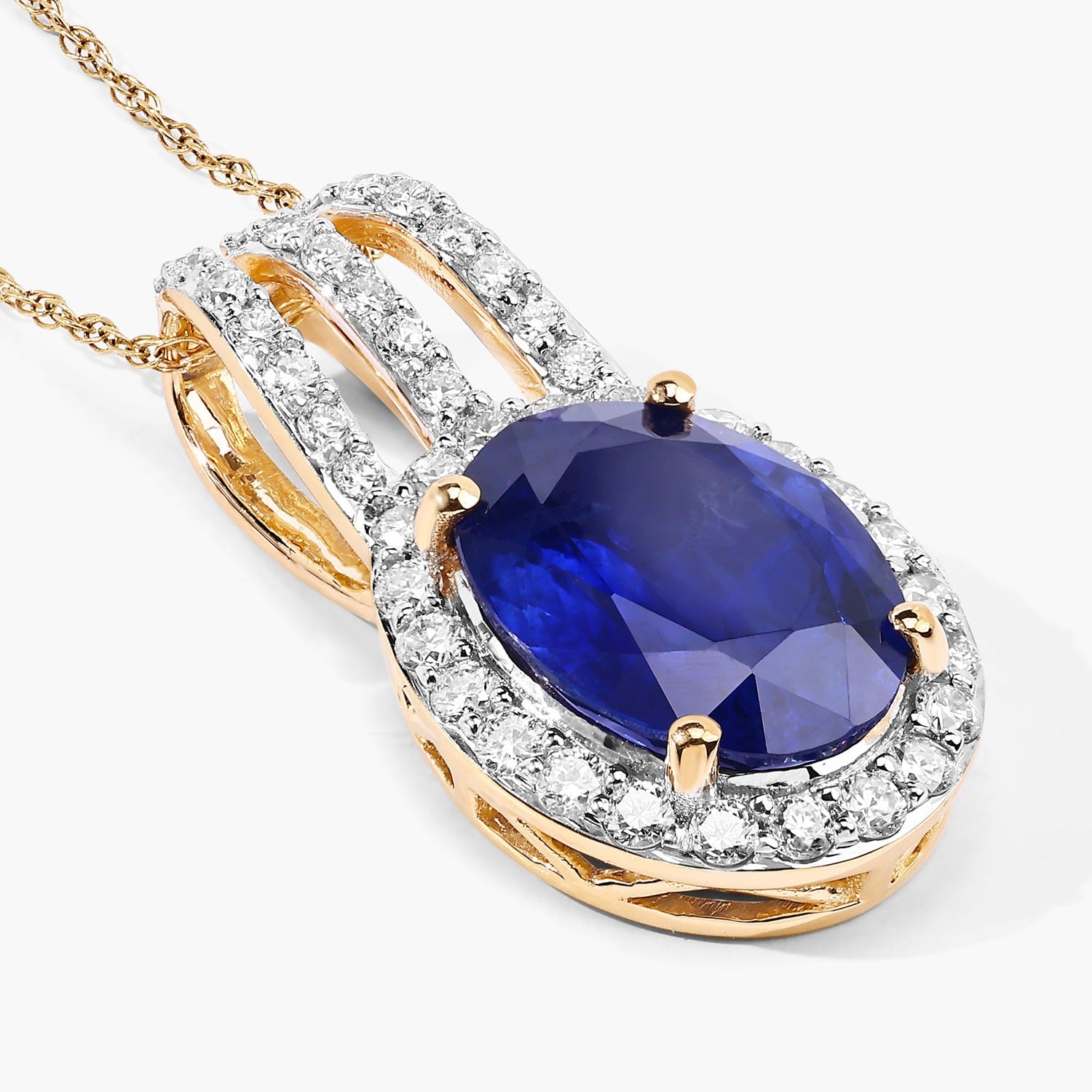 4.06 Ct Genuine Oval Ceylon Blue Sapphire and Diamond 18K Yellow Gold Statement Pendant