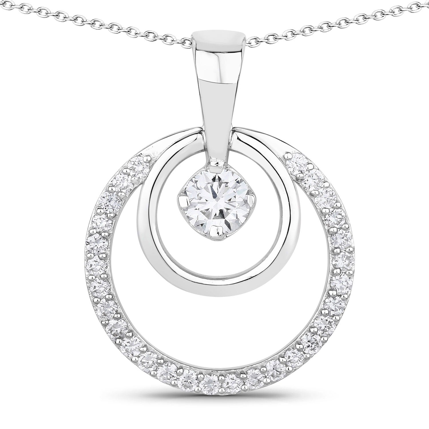 1 Cttw Round White Lab Grown Diamond Rhodium Plated Silver Double Circle Halo Pendant Necklace