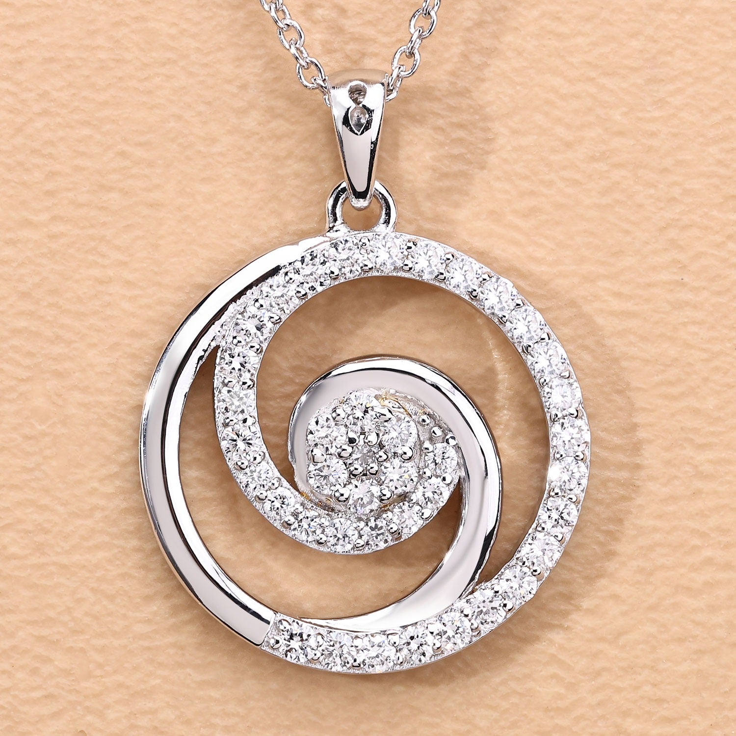 0.75 Cttw Round Lab Diamond Rhodium Plated Silver Spiral Galaxy Circle Pendant Necklace