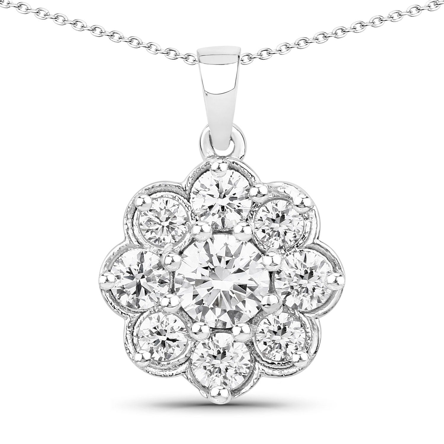 1 Cttw Round Lab Diamond Rhodium Plated Silver Scalloped Floral Halo Cluster Pendant Necklace
