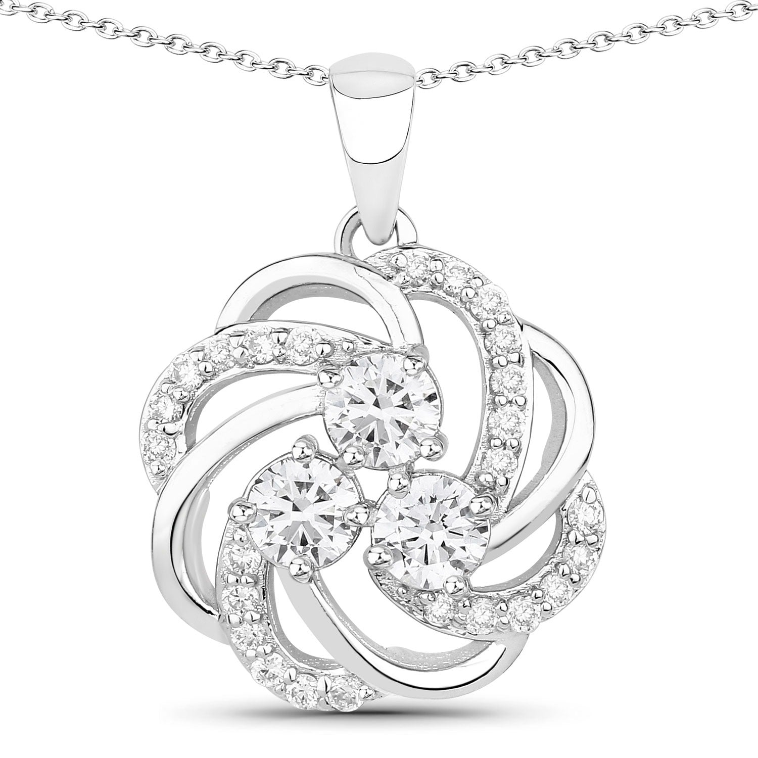 1 Cttw Round Lab Diamond Rhodium Plated Silver Three Stone Swirl Flower Pendant Necklace