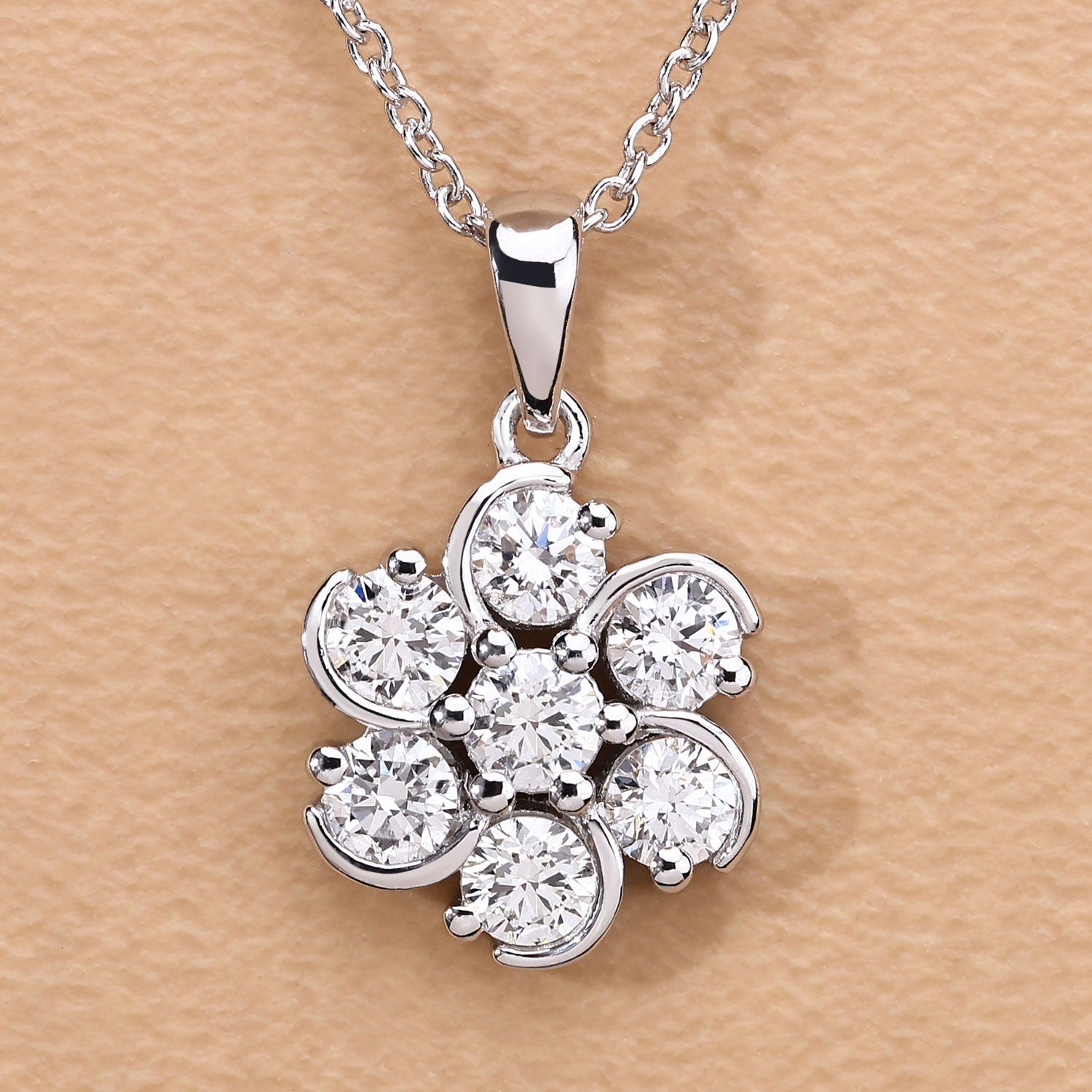 1 Cttw Round Lab Diamond Rhodium Plated Silver Floral Cluster Pendant Necklace